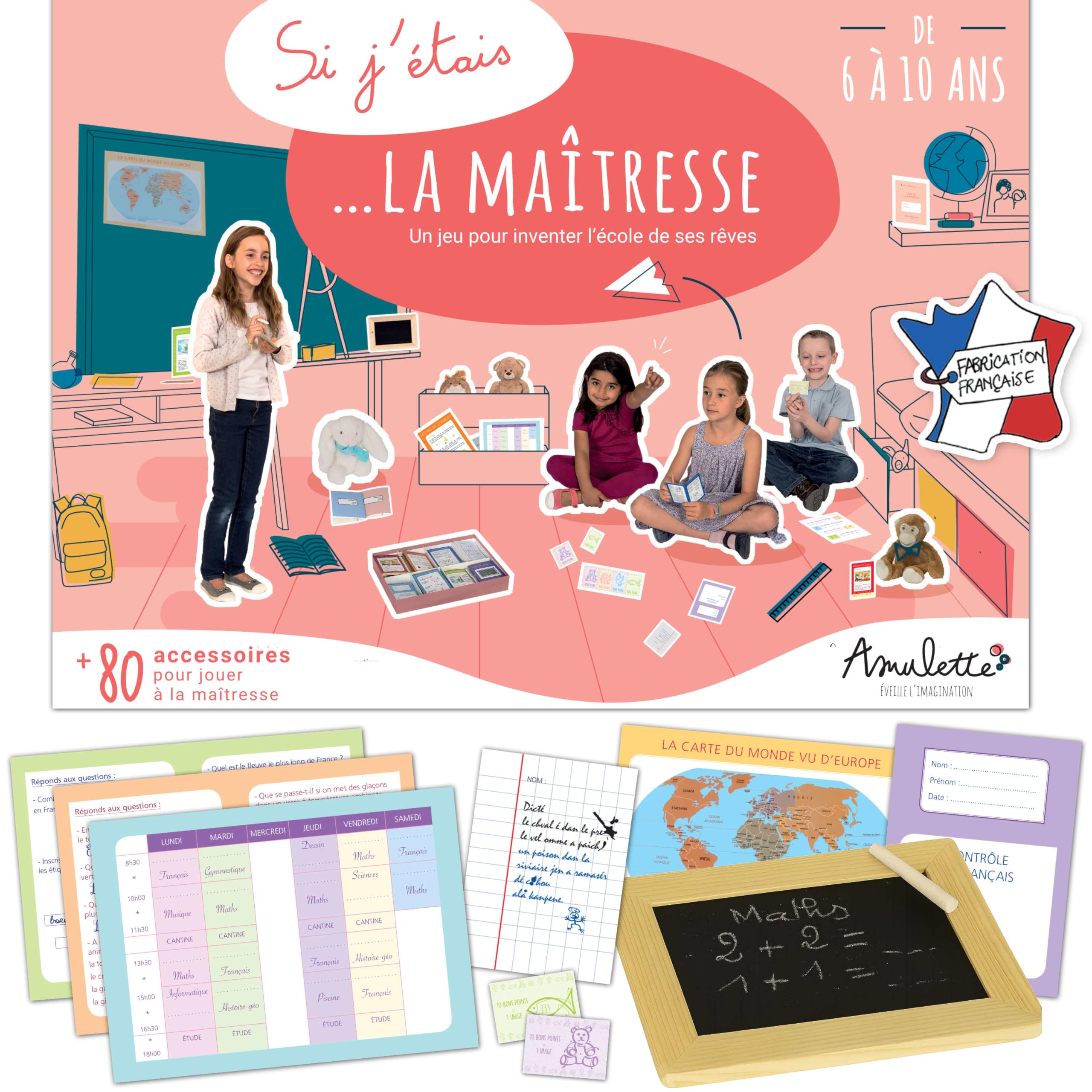Amulette - Coffret Si J'étais la Maîtresse - Jeu Éducatif 6 à 10 Ans - 80+ Accessoires pour Jouer à la Maîtresse d'École Primaire - Jouet Cadeau Enfant Fille Garçon Métier - Fabriqué en France - GCMA