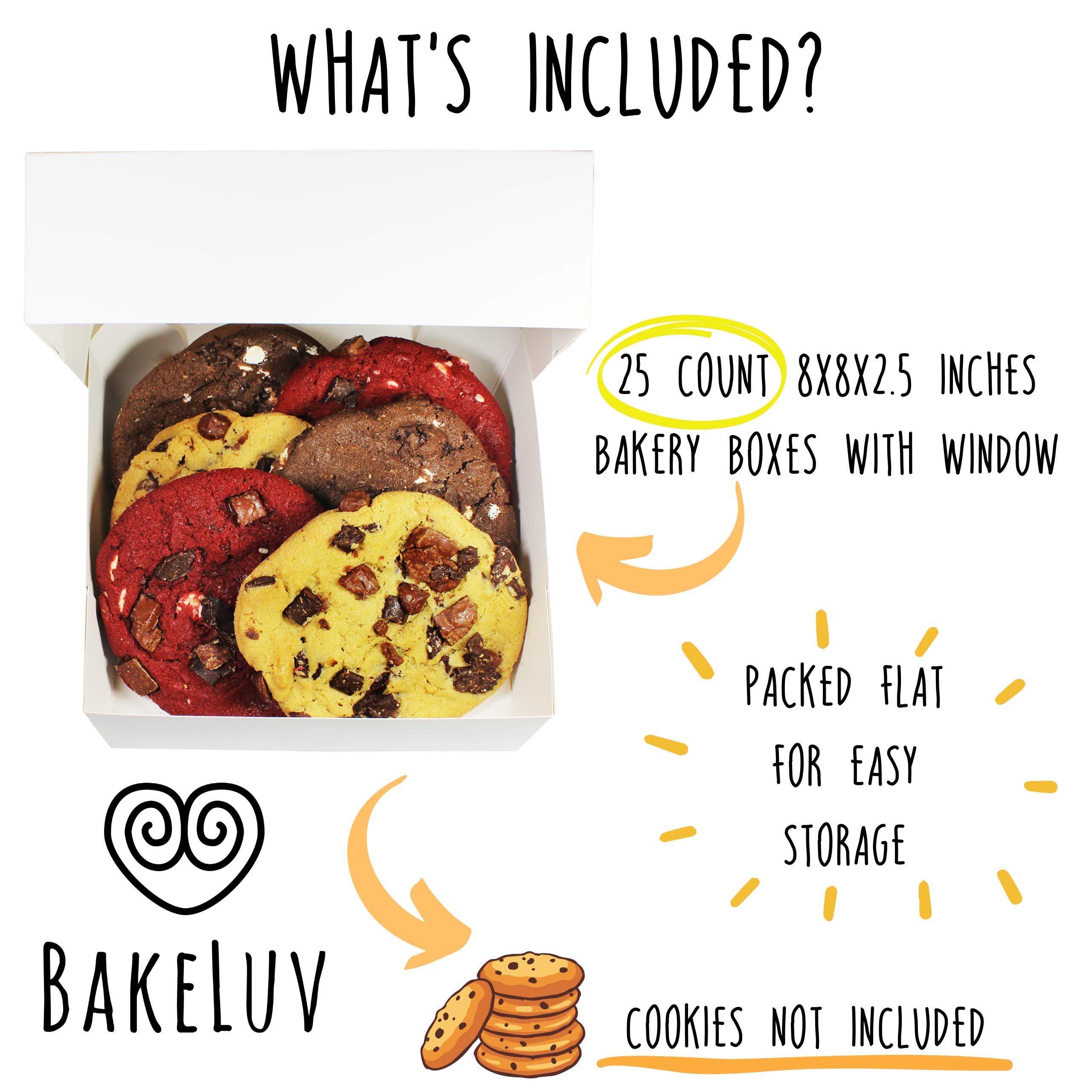 BAKELUV 8x8x2.5” White Bakery Boxes With Window 25 Pack Pastry