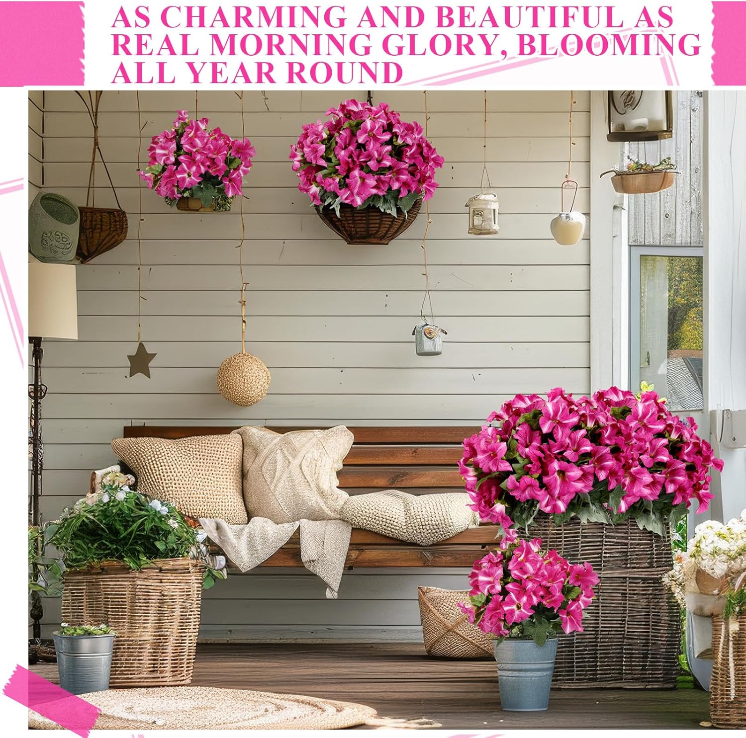 Thiccywoov 12 Bundles Artificial Petunias UV Resistant Flowers for Outdoor Faux Silk Morning Glory Fake Hanging Spring Summer Colored Planter for Home Porch Garden Patio Yard Decor(Hot Pink)
