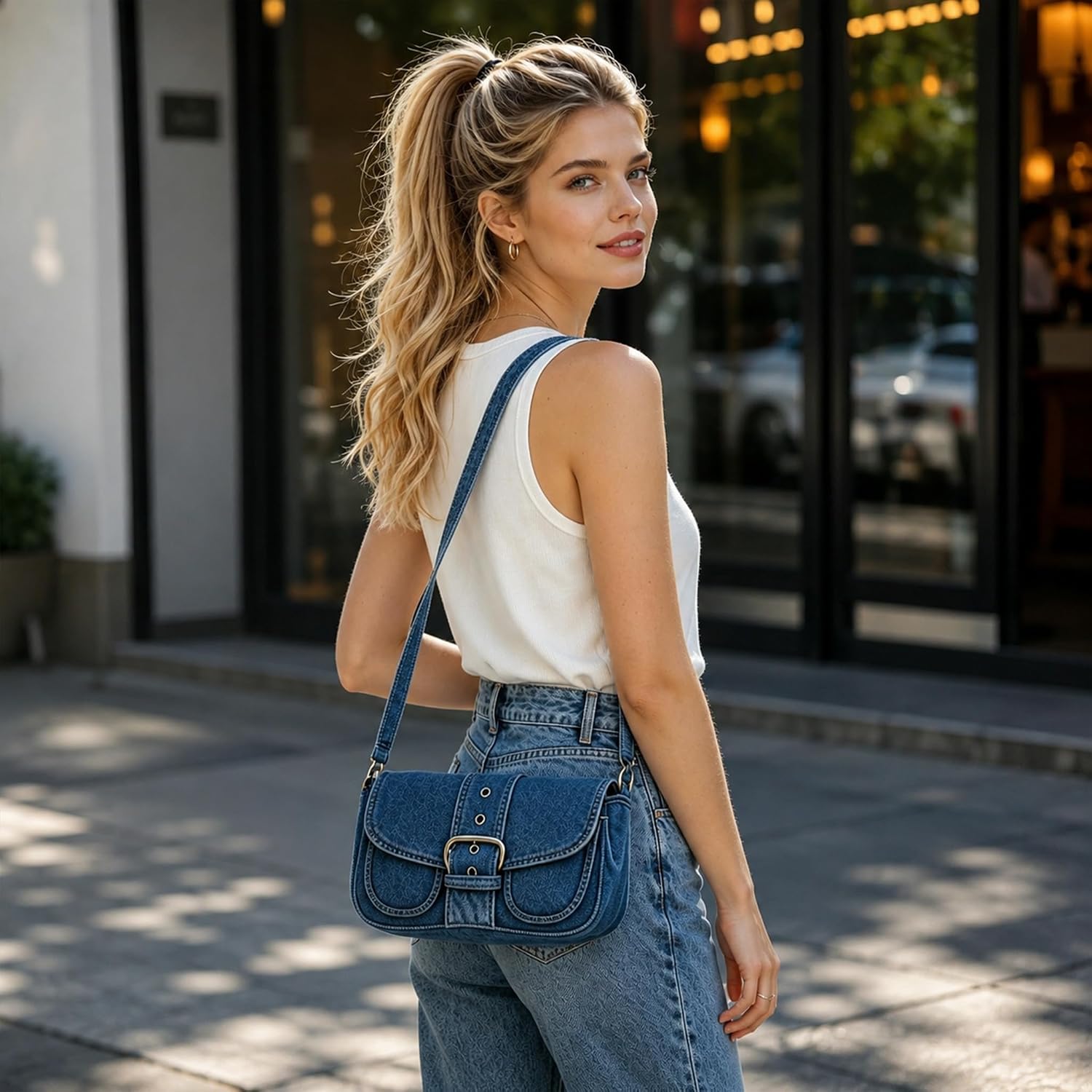 Denim Crossbody Bags for Women,Blue Jean Hobo Shoulder Bag,Denim Messenger Bag