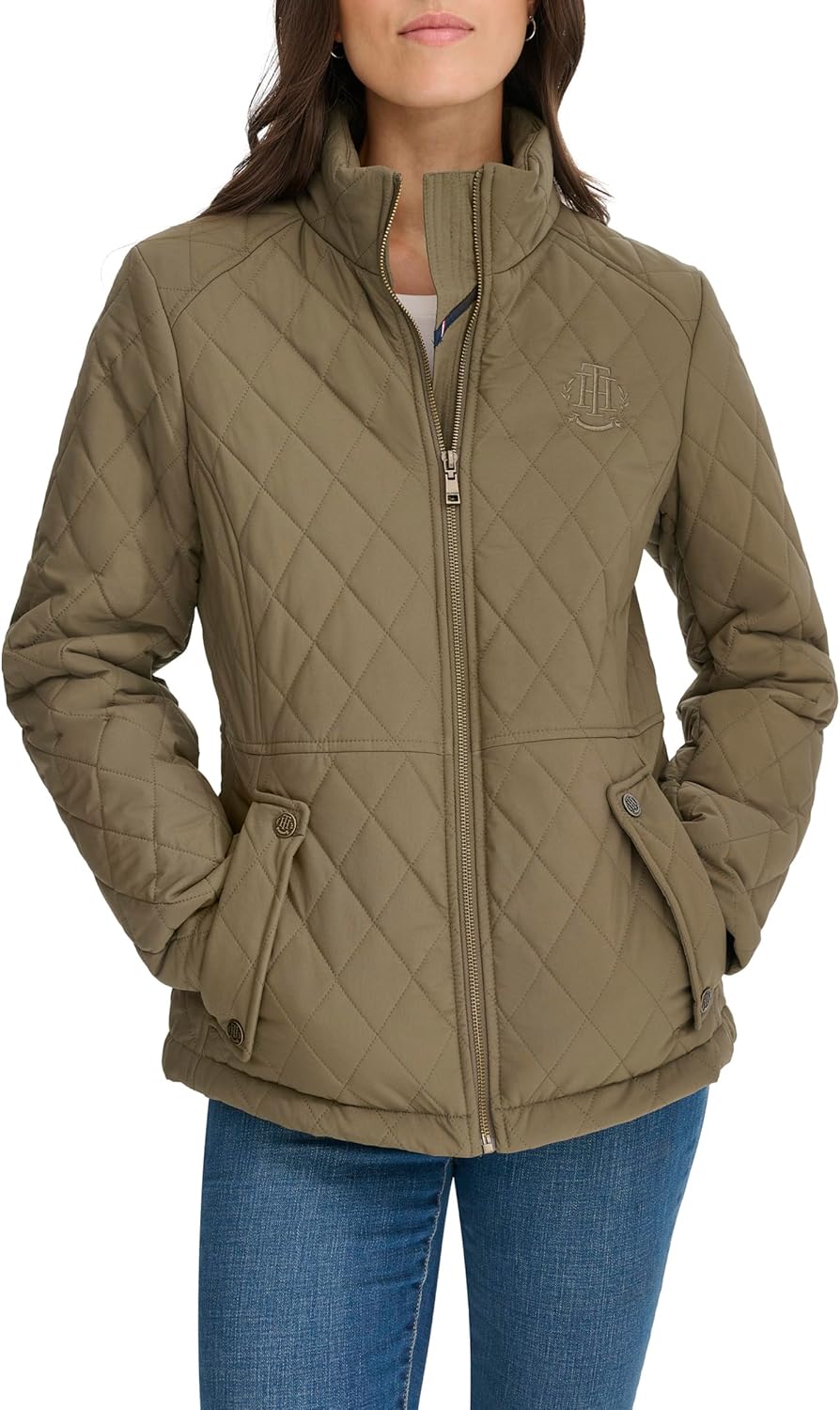 Tommy Hilfiger Women's Brass Hardware Transitional Barn Jacket Quilted Coat, Juniper, Medium - Image 3