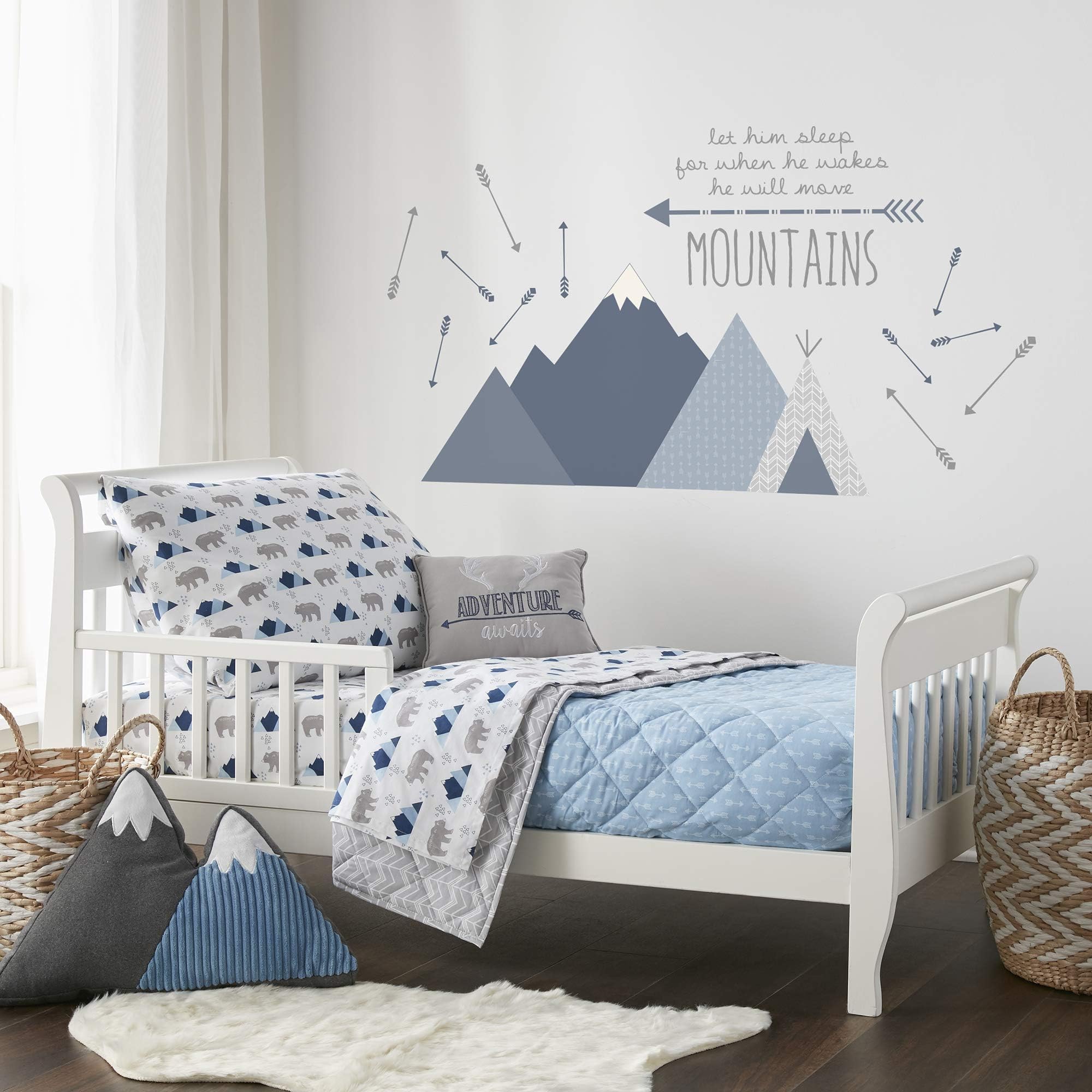 Trail Mix 5PC Woodland - Animals - Blue, Grey, White - Toddler Set - Kids Bedding - Reversible Quilt, Fitted Sheet, Flat Sheet, Standard Pillow Case, Decorative Pillow