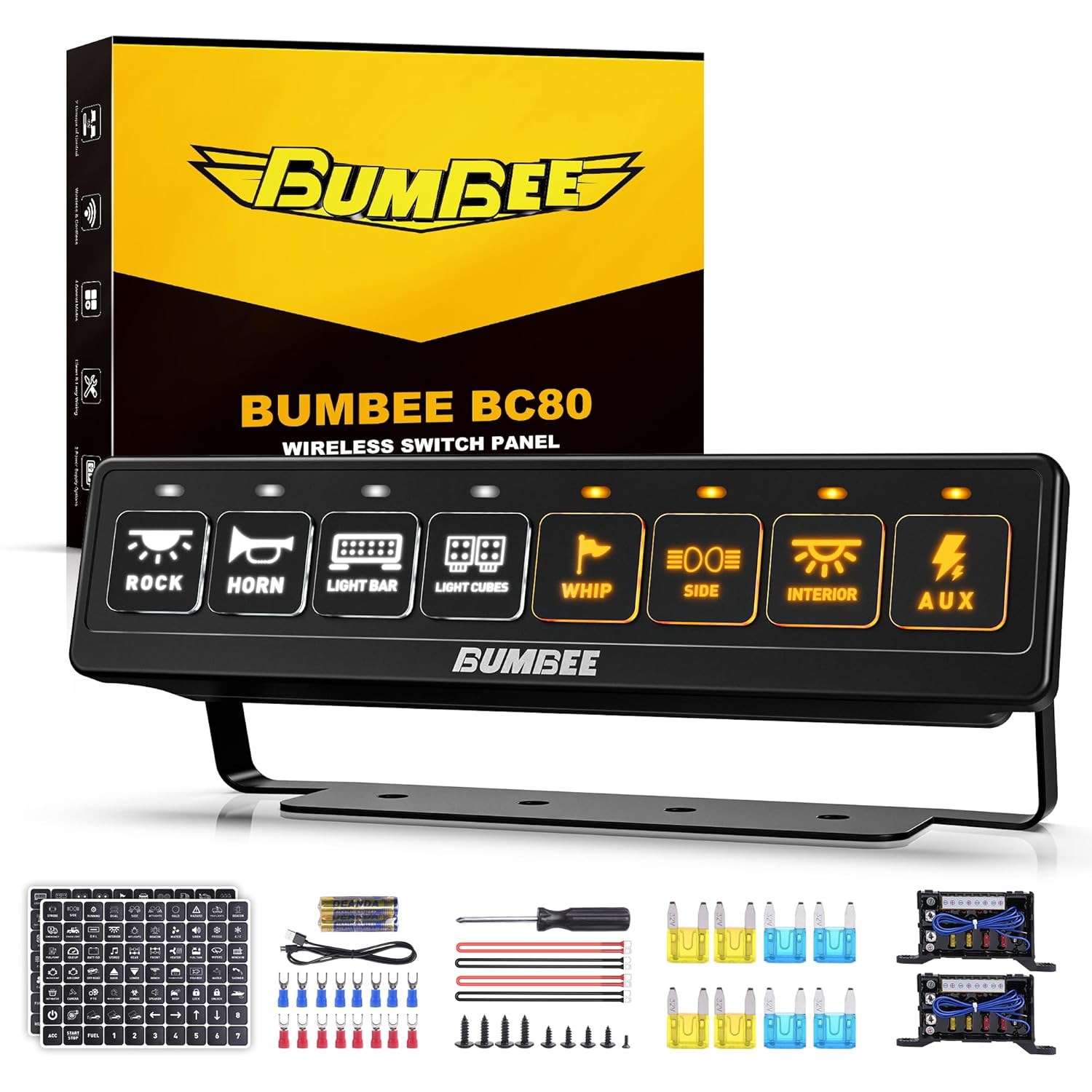 Bumbee 8 Gang Wireless Switch Panel, 4 Control Modes Flash Momentary Strobe Constant Light, Multi-Function Toggle Switches, Remote Control Range Up to 164FT Up to 4-Panel Sync, Waterproof Design