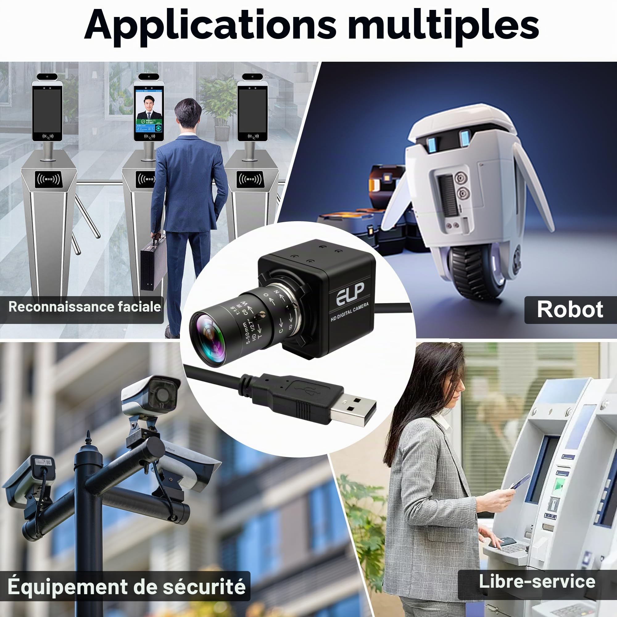 ELP Caméra USB 16 mégapixels haute résolution 5K USB avec monture CS 5-50 mm Objectif Varifocus manuel Gros plan OpenCV Caméra pilote gratuit pour Windows Linux Laptop Jetson Nano