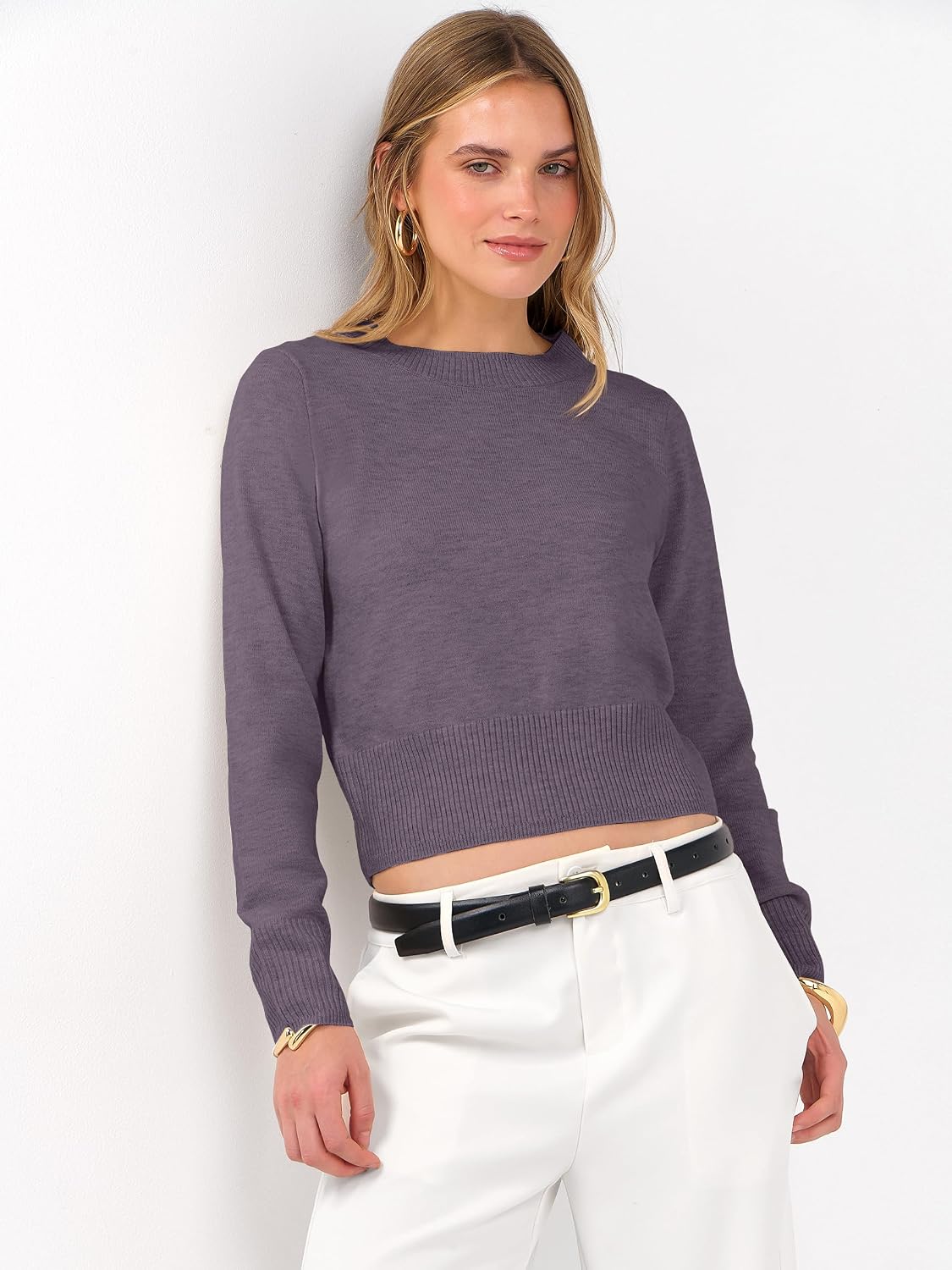 ANRABESS Women’s Long Sleeve Sweaters Cropped Crew Neck Business Casual Light Weight Sweater Tops Fall Fashion Clothes