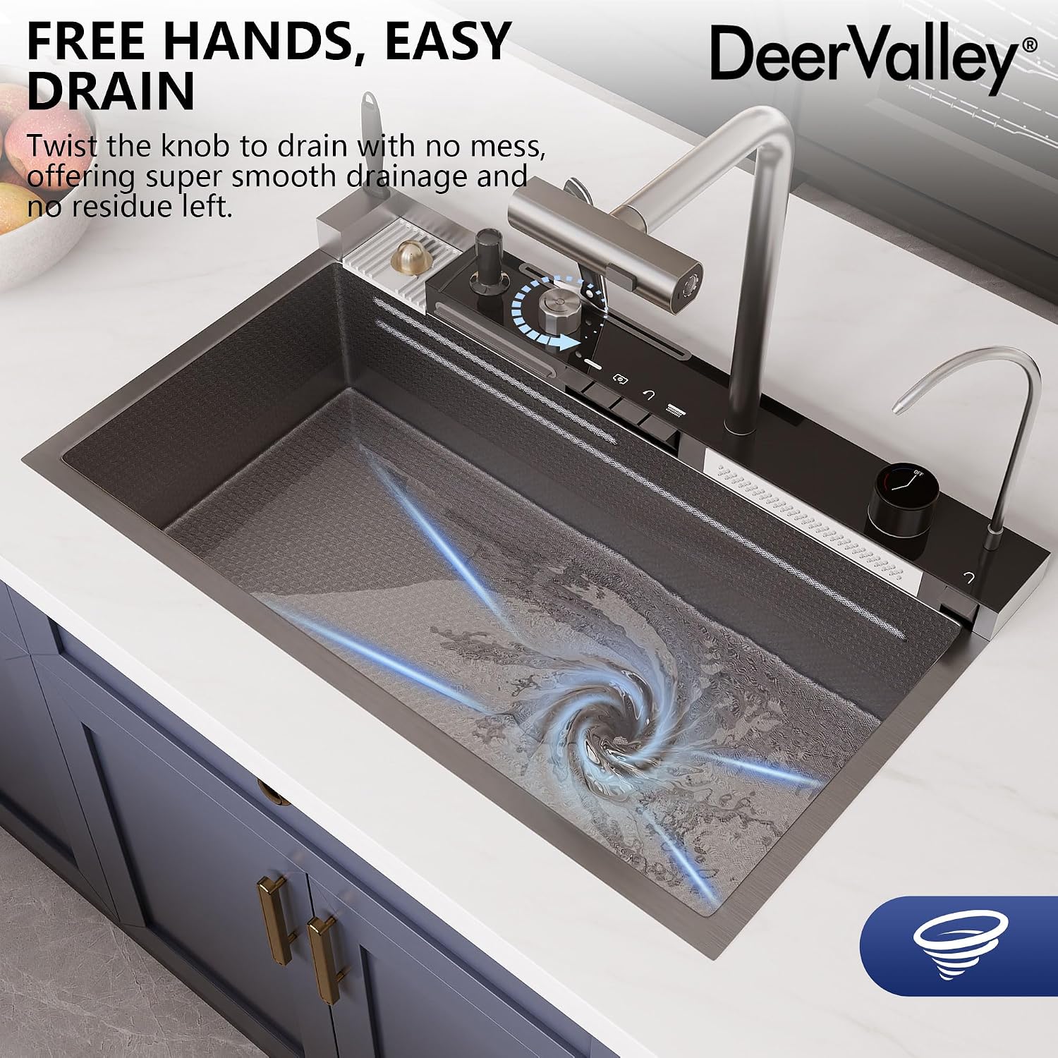 DeerValley Smart Waterfall Kitchen Sink 30 Inch, Drop In Single Bowl Workstation Kitchen Sinks with LED Display, Pull-Down Faucet, Soap Dispenser, Glass Rinser, Modern for Farmhouse, RV, Bar