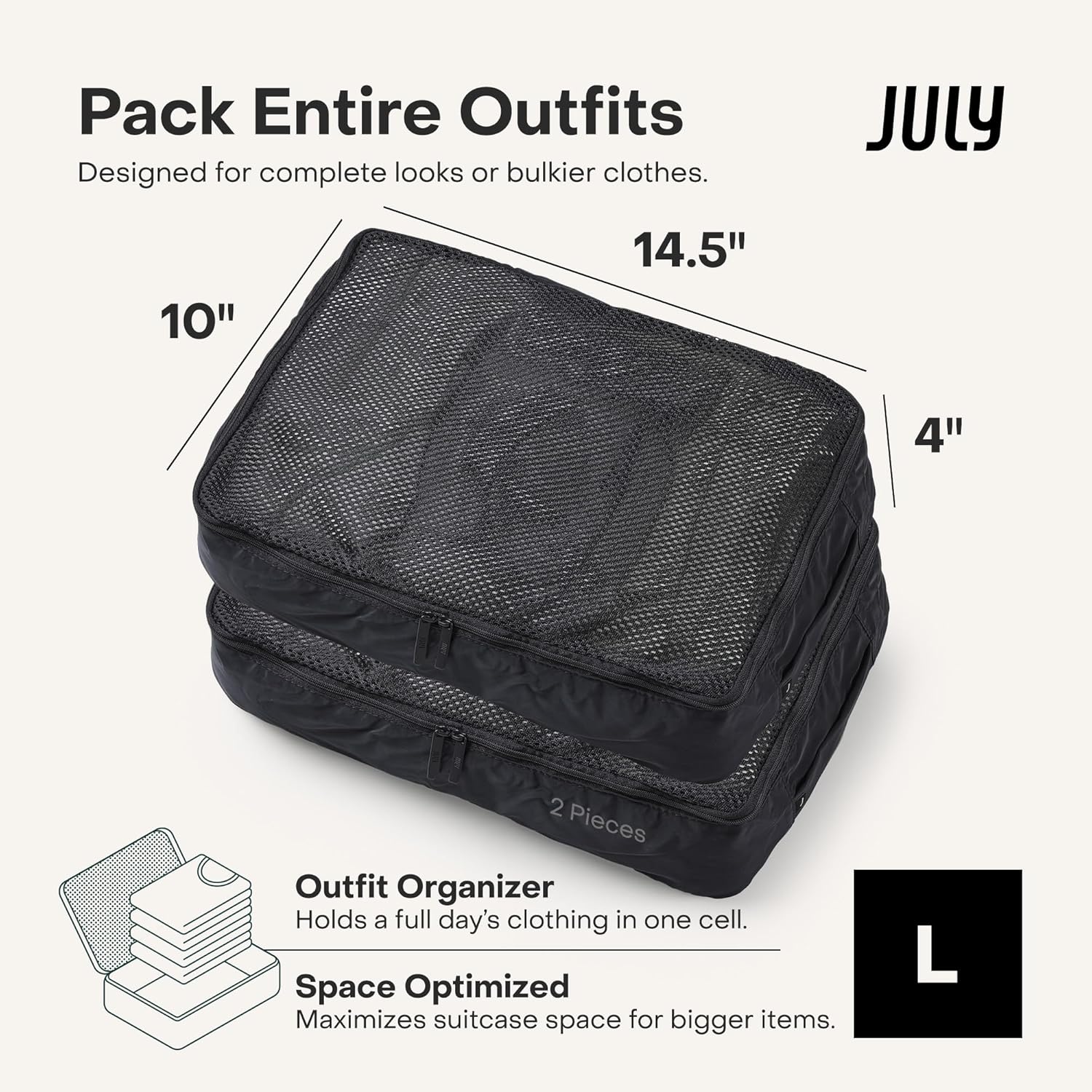 July Packing Cells - 4 Set Packing Cubes Luggage Organizer Bags (S, M, 2 x L), Must-Have Suitcase Organizer for Travel, Road Trip & Camping Accessories, Stain-proof, Washable, 3 Sizes - Charcoal