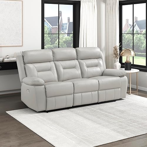 Lexicon Power Double Recliner Sofa, Top Grain Leather Match Reclining Sofa with Pillow Top Armrests, Home Theater Seating, Wall Hugger Recliner Couch with USB Port, 87" W, Silver