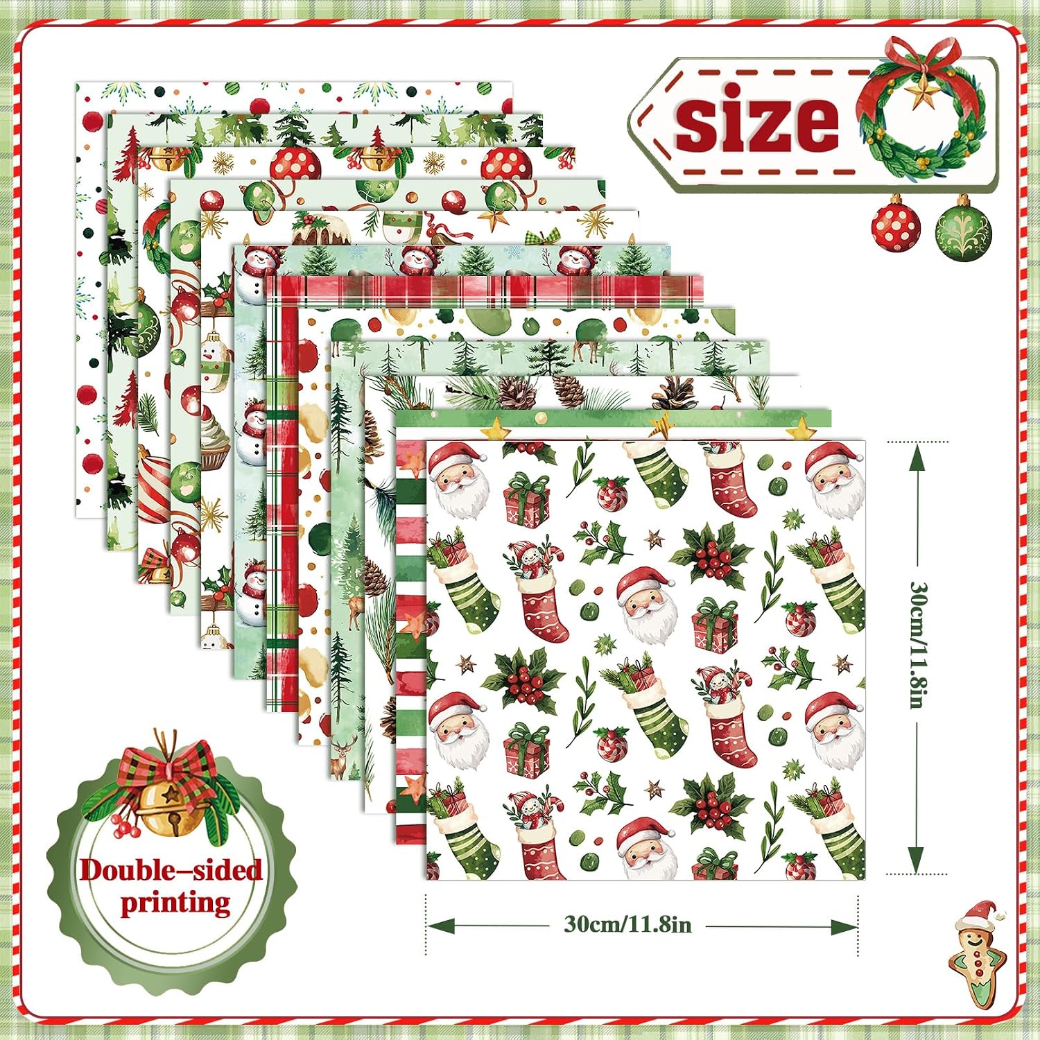 Konsait 24 Sheets Watercolor Christmas Scrapbook Paper 12x12, Double Sided Christmas Origami Paper Xmas Decorative Cardstock Xmas Patterned Papers Sheets for Card Making Scrapbook Supplies