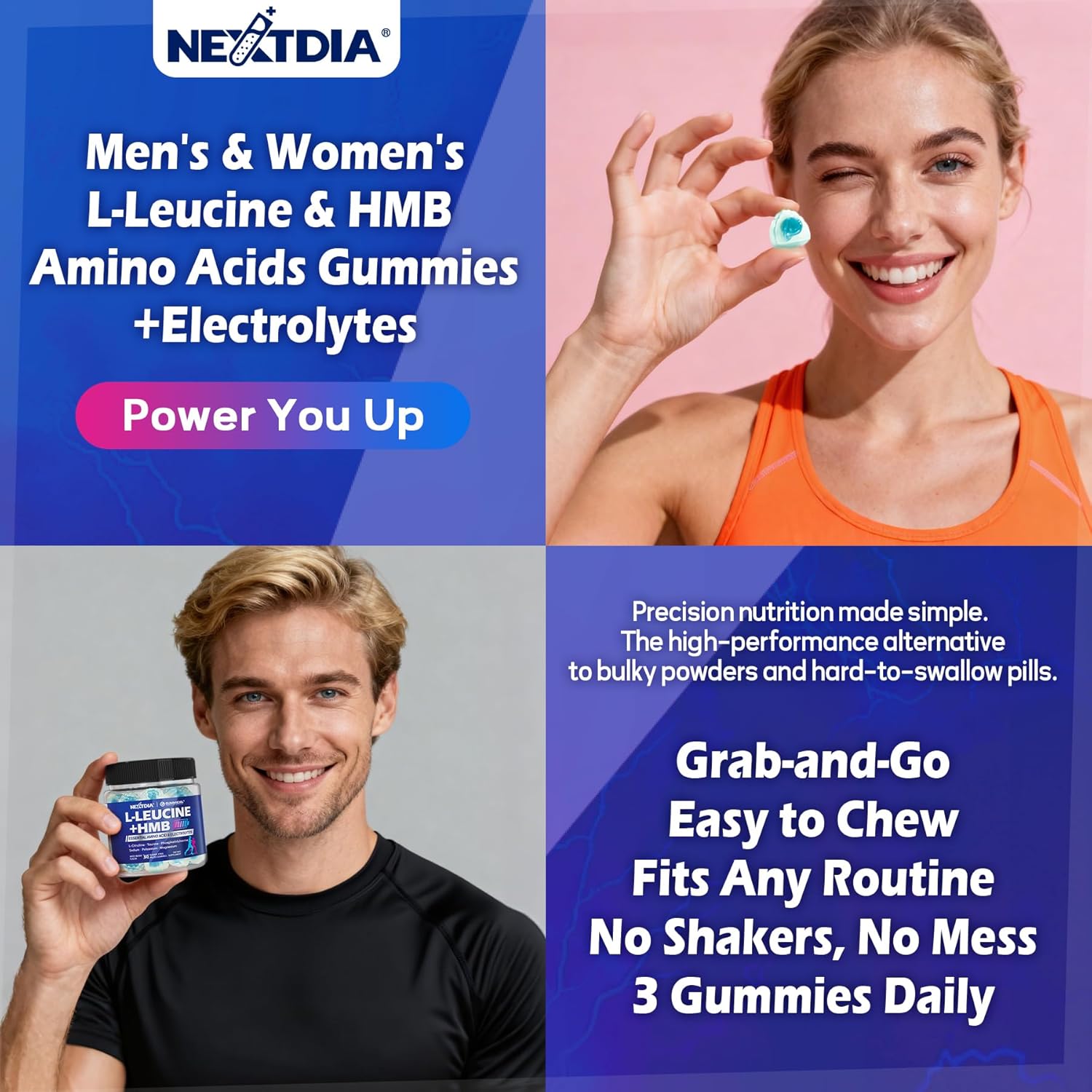Hmb and L-Leucine Gummies, Pre Work Essential Amino Acids EAA Supplements for Men & Women, w/Branched-Chain Amino (BCAA) & 4 Hydration Electrolytes, Taurine, B12 & D3 for Fast Workout Recovery, 60Cts