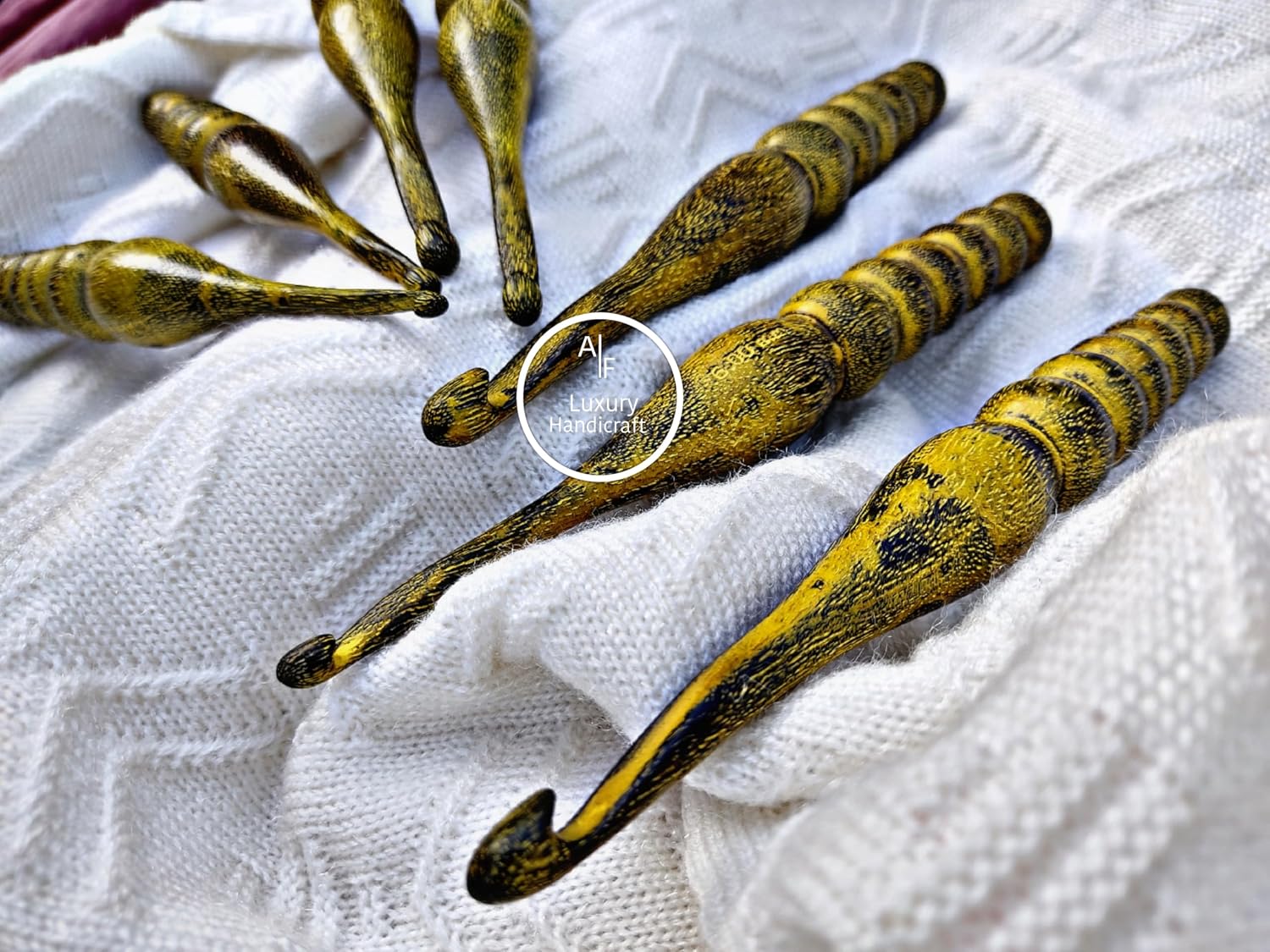 Soft Handle Crochet Hooks Needles Knit Yarn Weave Craft 7 Hooks | Teak Wood Crafted & Premium Quality Design | Beautiful Girls Gifts with Free vlvet Bag 100% Quality (Yellow Hook Set)