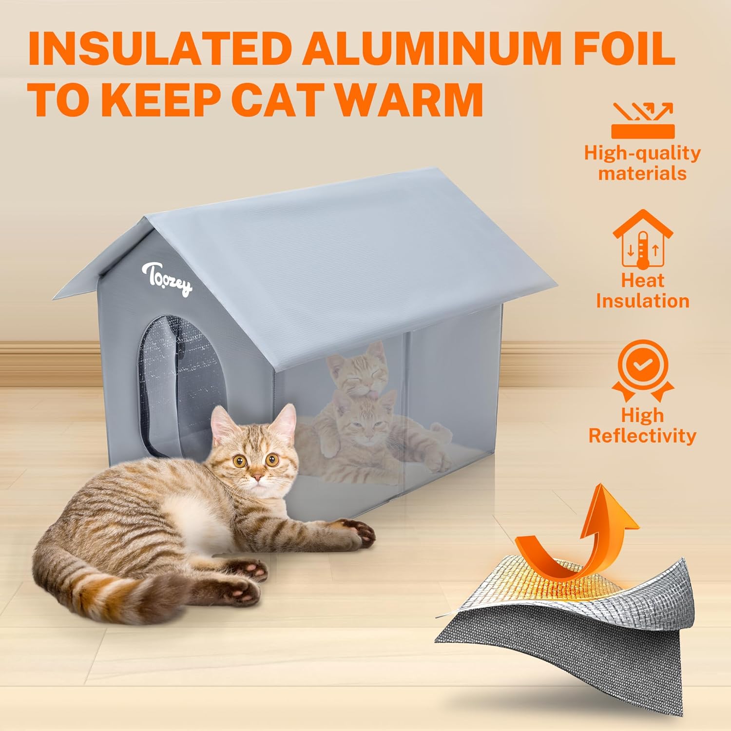 Toozey Insulated Outdoor Cat House with 4 Bonus Insulation Sheets - Weather-Resistant, Easy Assembly, Durable Feral Cat Shelter with Removable Soft Mat for Winter Protection, Grey