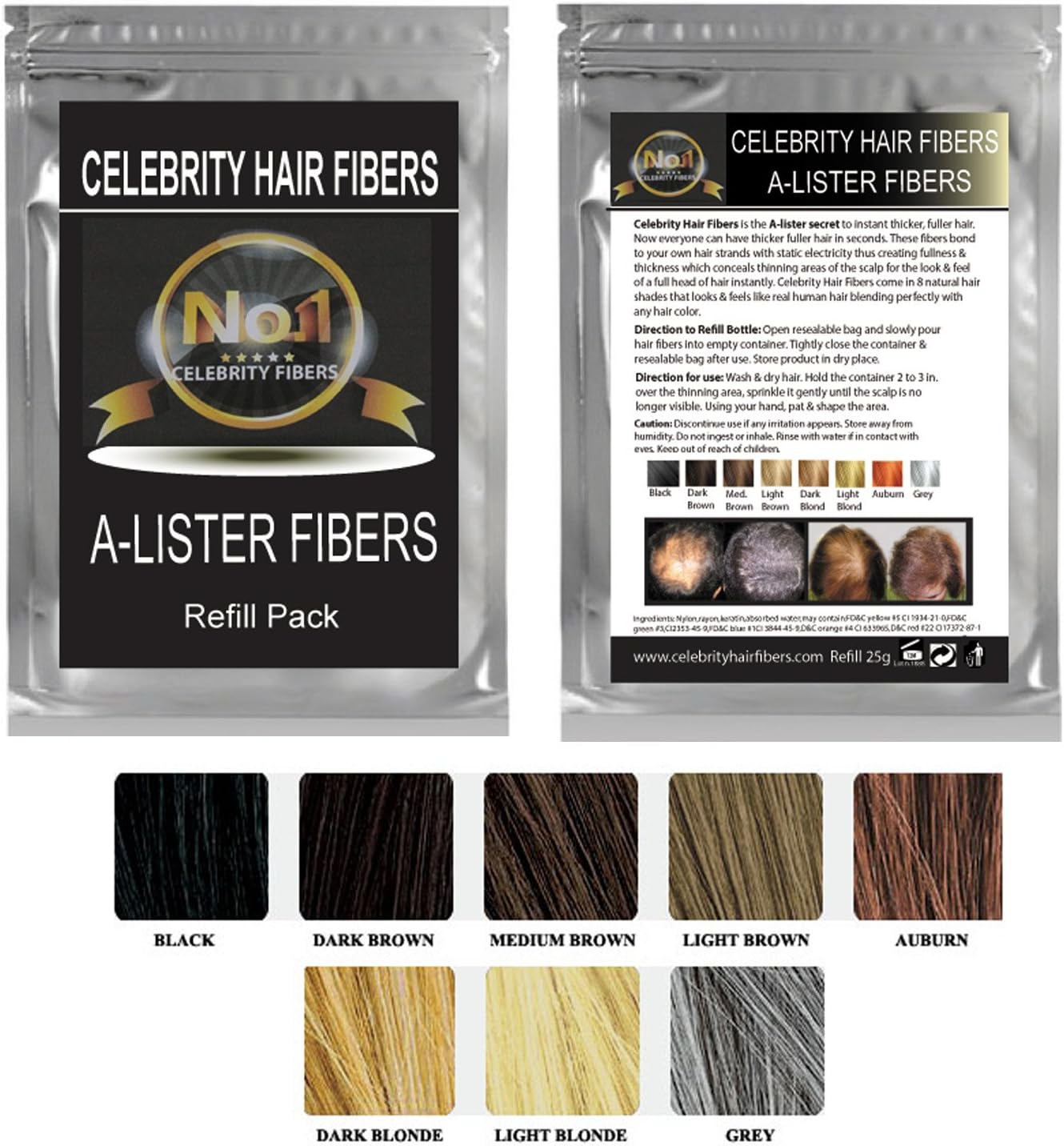 Hair Building Fibers- A-Lister REFILL Pak for Toppik, Nanogen, Xfusion, any Brand (50g, Black)