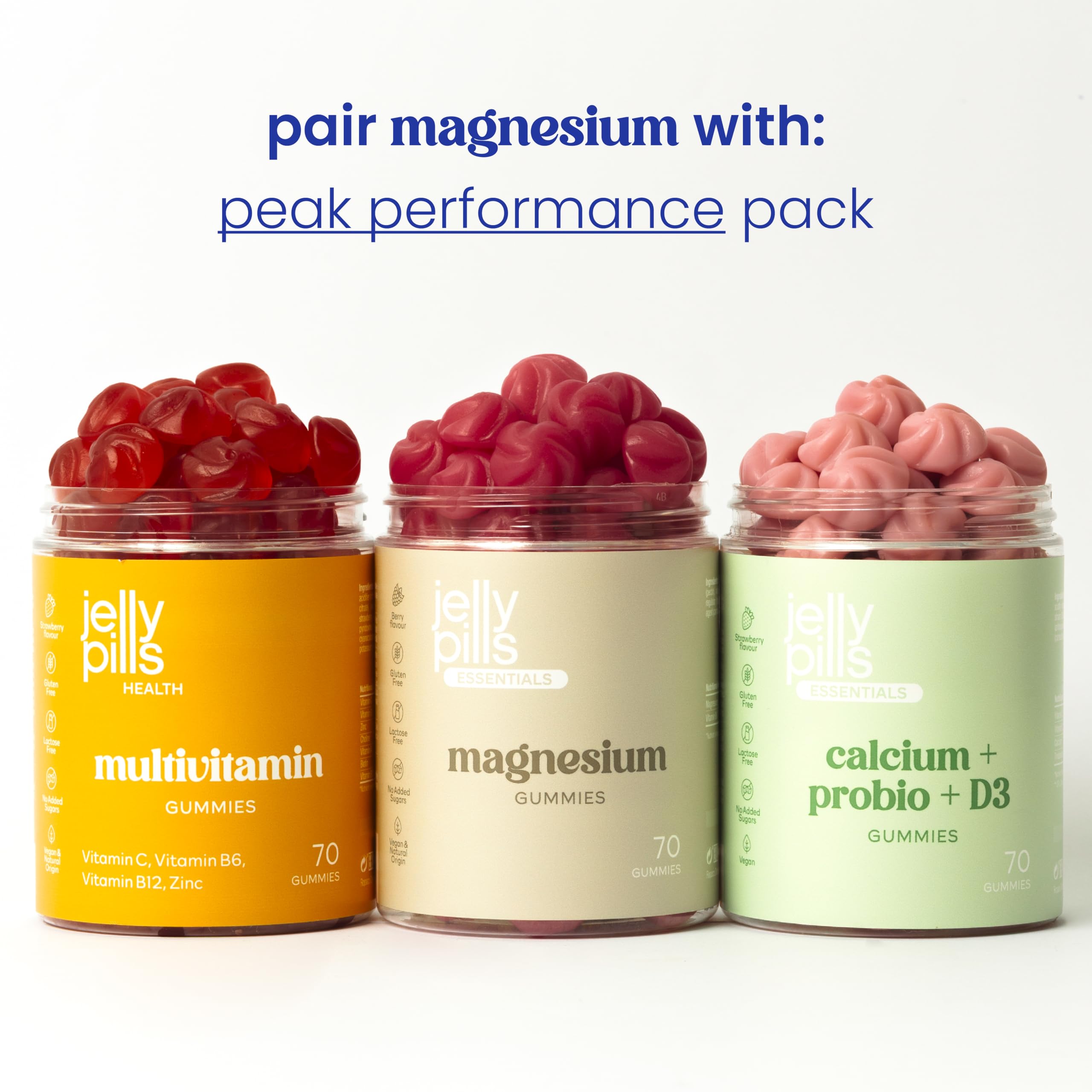 Jelly Pills Pack Benessere Quotidiano Completo – Multivitamine + Magnesio 180 mg + Calcio con Probiotici – 70 + 70 + 70 Gummies Vegane – Senza Zuccheri Aggiunti – Gusto Fragola e Frutti di Bosco