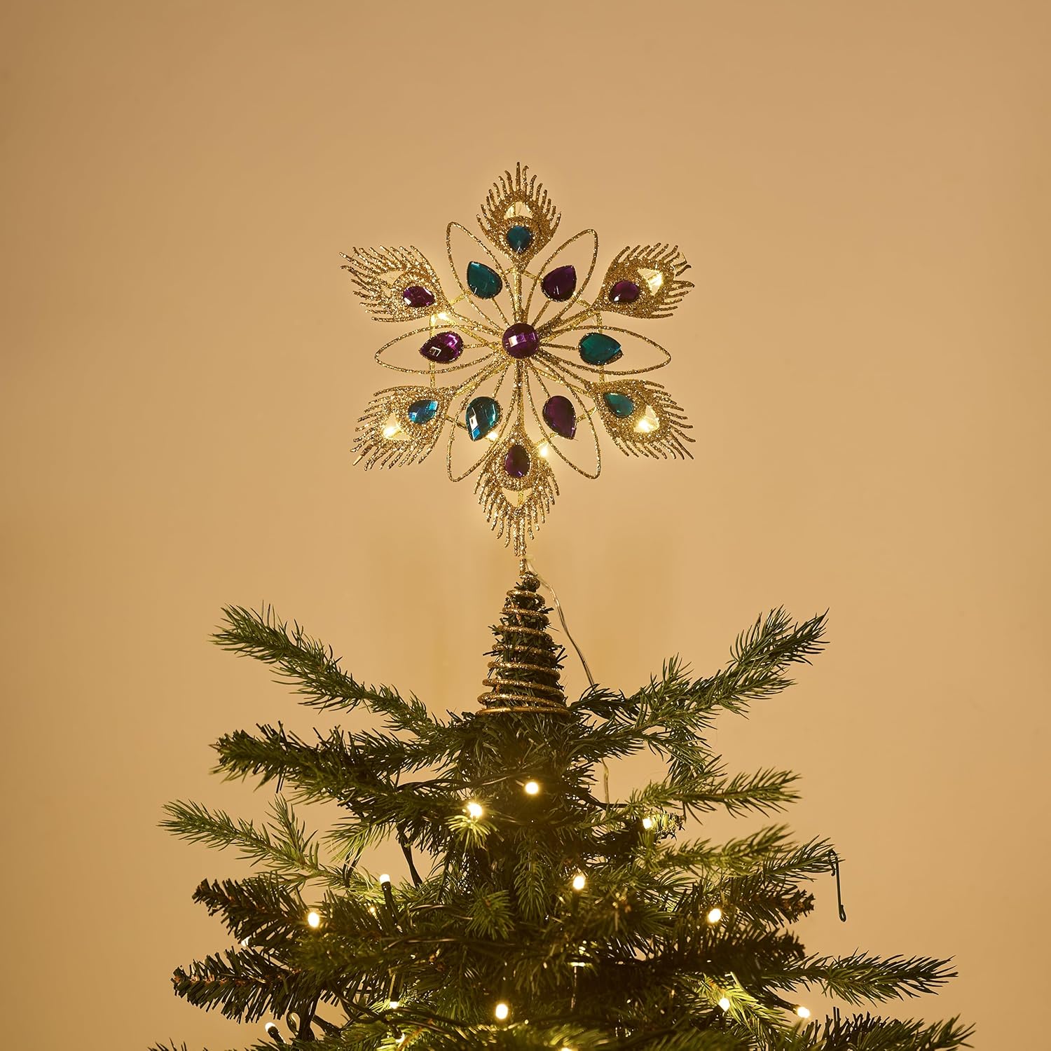 Valery Madelyn Star Christmas Tree Topper with Timer for Tree Decorations&Christmas Ball Ornaments, 16ct Peacock Blue Purple Green Shatterproof Christmas Tree Decorations(2 Items Buddle)