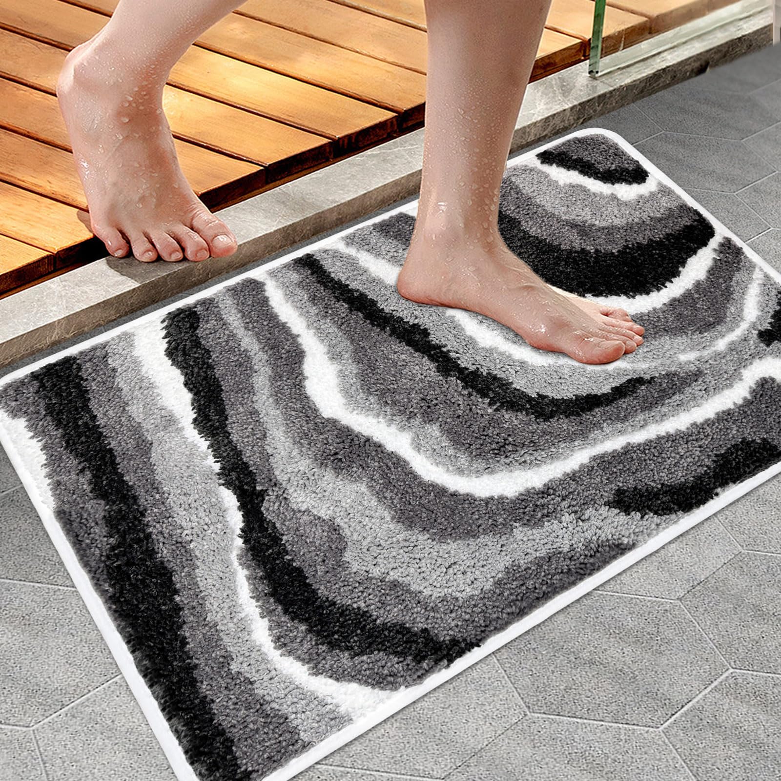 Nurhome Bath Mat & Bathroom Rugs 30x20 Inch Plush Wave-Striped Microfiber Shaggy Rug, Non-Slip Quick-Dry Machine-Washable Absorbent Floor Mat for Shower, Bathtub & Apartment Decor in Modern Grey Black