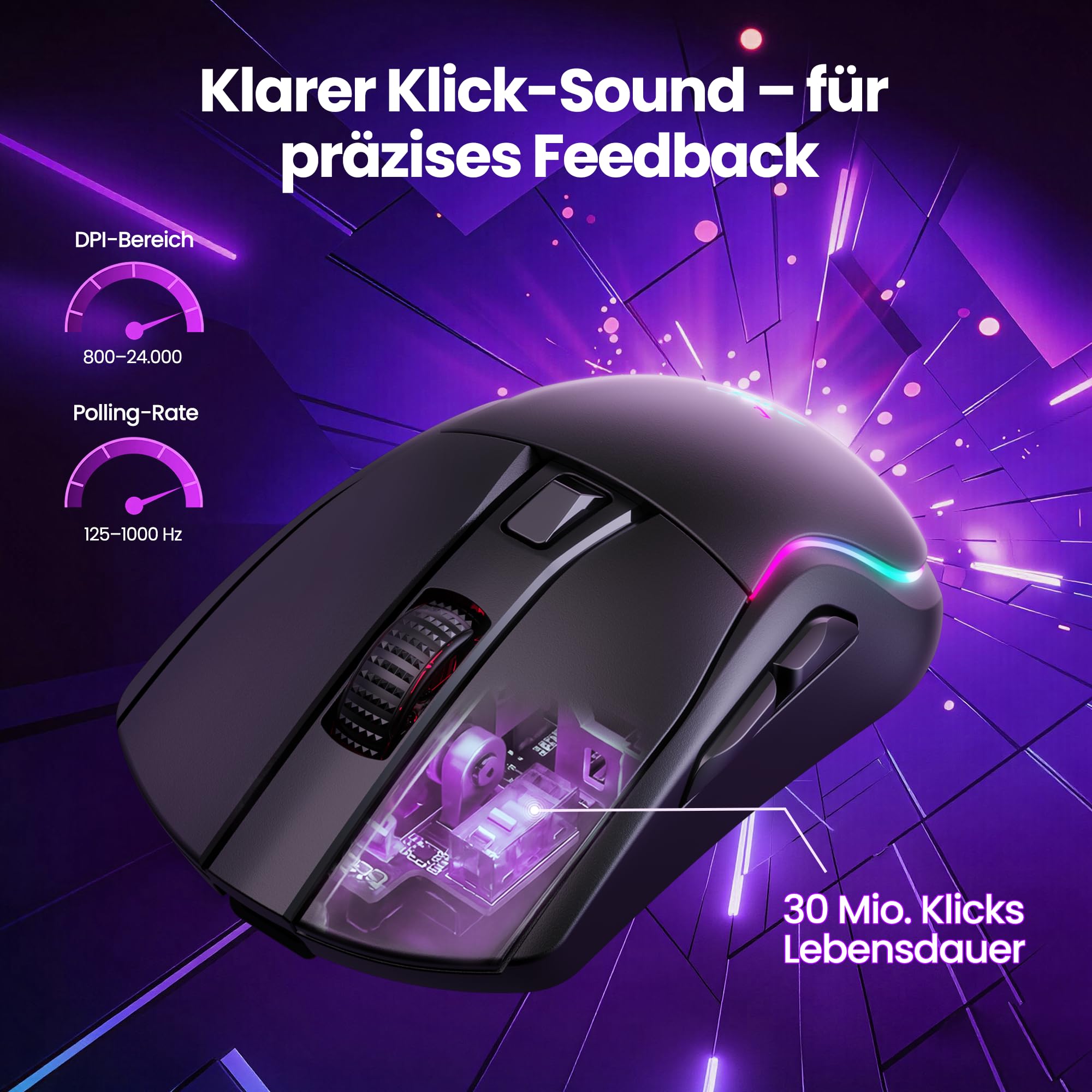 TECKNET Gaming Maus Kabellos, 24K DPI Sensor, RGB Wiederaufladbare Maus mit 100 Std. Akkulaufzeit, 2.4G/USB-C/Bluetooth Ergonomische Gaming Mouse mit 6 Programmierbare Tasten, 300 IPS für PC/Mac Gamer