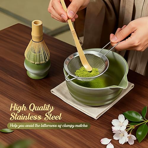 Vista 3 de Juego de 5 piezas de matcha verde degradado, cuenco de cerámica, persecución de bambú, soporte, cuchara y tamiz para entusiastas de la ceremonia