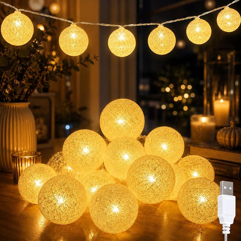 Ghirlandă luminoasă LED YeahBoom cu globuri din bumbac, 300 cm, 20 globuri LED, lumină albă caldă, pentru decor interior