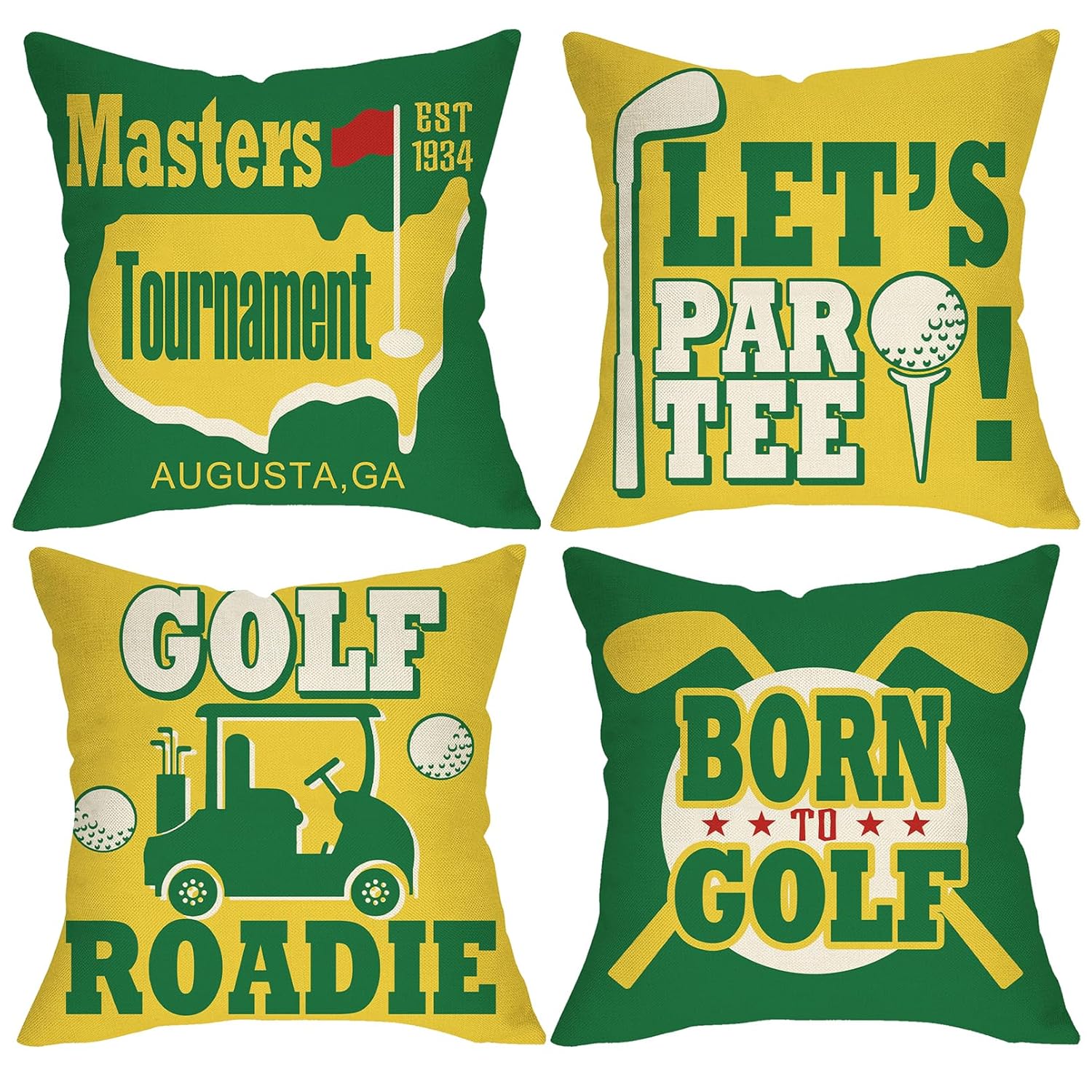 Fjfz Golf Masters Tournament Decorative Throw Pillow Covers 18 x 18 Set of 4 Green Yellow Golf Roadie