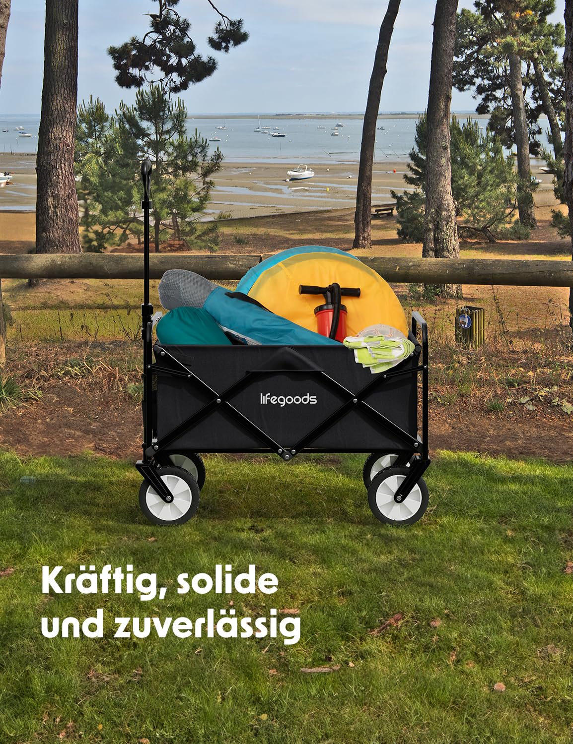 LifeGoods Bollerwagen Faltbar - Faltbarer Bollerwagen - Handwagen Klapbarr - Gartenwagen - Transportwagen - Strandwagen - Strand - Klappbarer – 360 Grad Drehbare Vollgummireifen 94L– 98x45cm - Schwarz