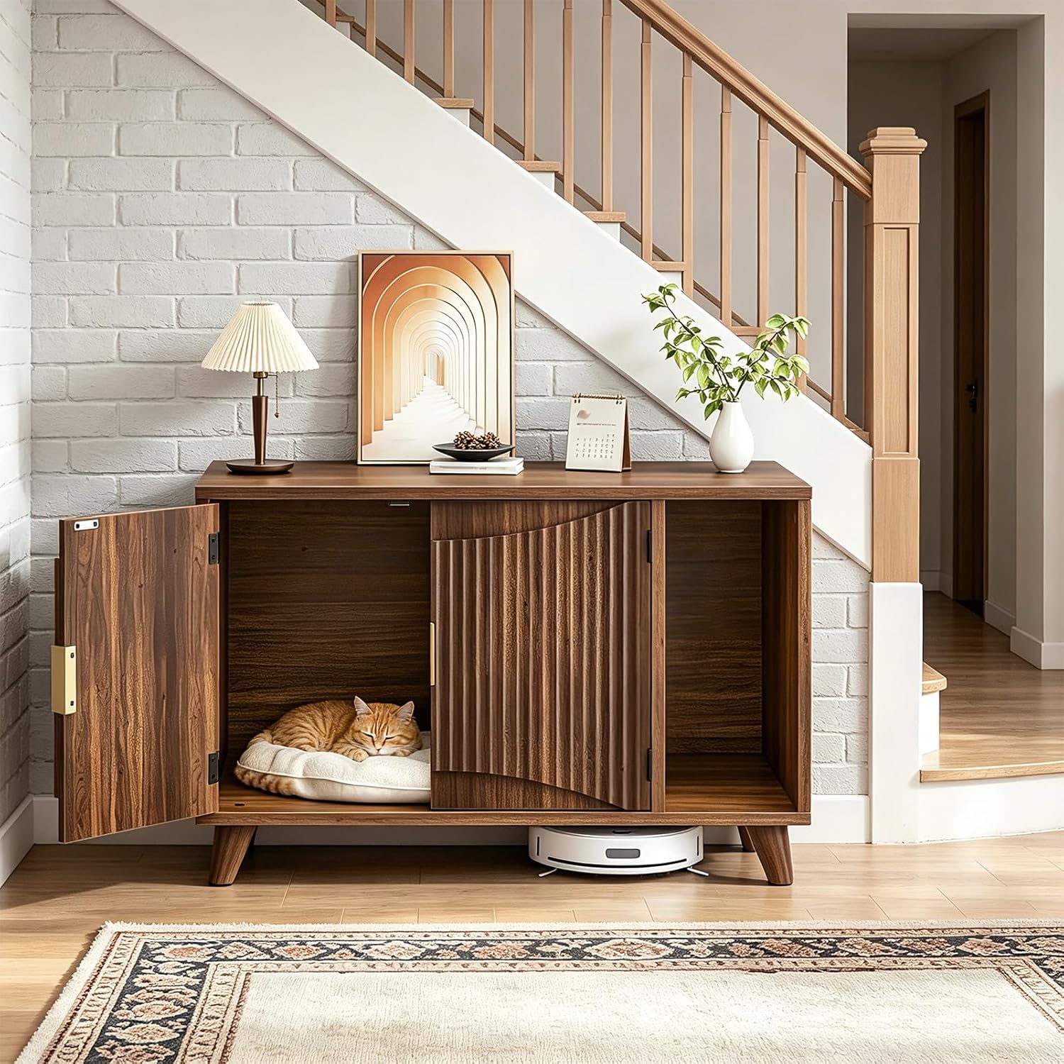 HOOBRO Cat Litter Box Enclosure, 31.5" Hidden Litter Box Furniture with Wave-Patterned Door & Side Entrance, Litter Box Cabinet with Raised Wooden Legs, Living Room End Side Table, Walnut WL28MW01