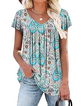 Womens Ruffle Short Sleeve Tunic Tops V Neck Loose Fit Flowy