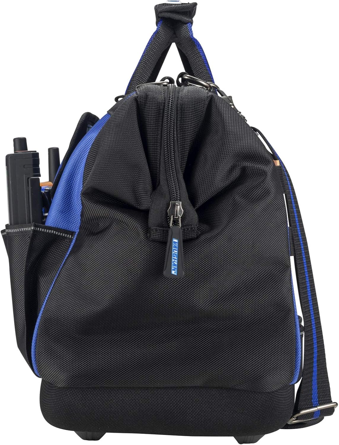 Vaughan 20 inch Heavy Duty Wide Mouth Tool Bag 1680 Denier Polyester, 12 Pockets, 13 Tool Loops, Molded EVA Bottom, Carry Handles, Shoulder Strap, Carabiner Clip, 20 in. x 13 in. x 9 in. - 240158