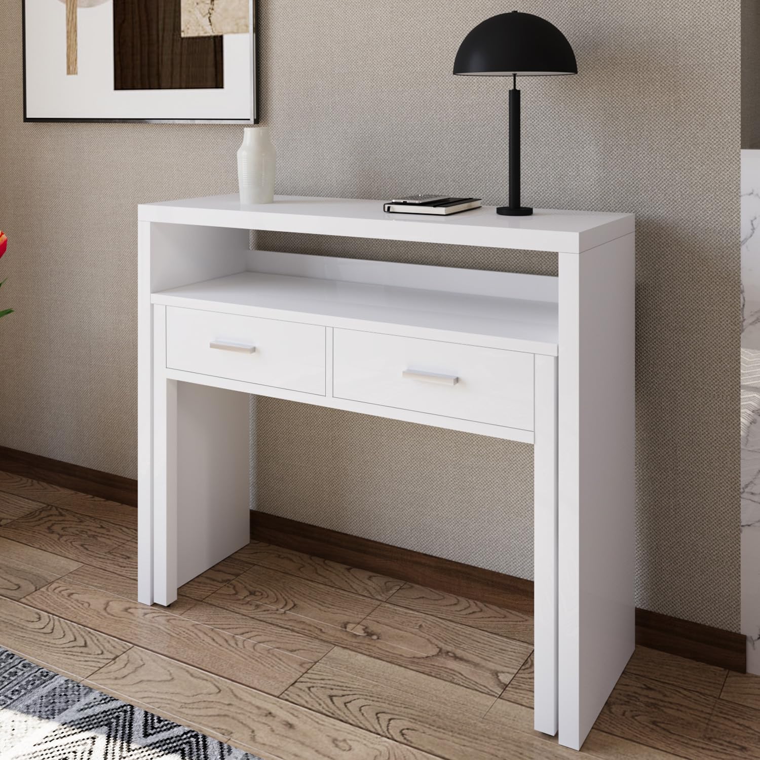 Arreditaly Consolle Allungabile Scrivania Con 2 Cassetti Scrittoio Ufficio Cameretta Salvaspazio Scrivania Estensibile Design Arredo Casa Guide Metalliche 98.5 x 36 x 87.5 cm Bianco
