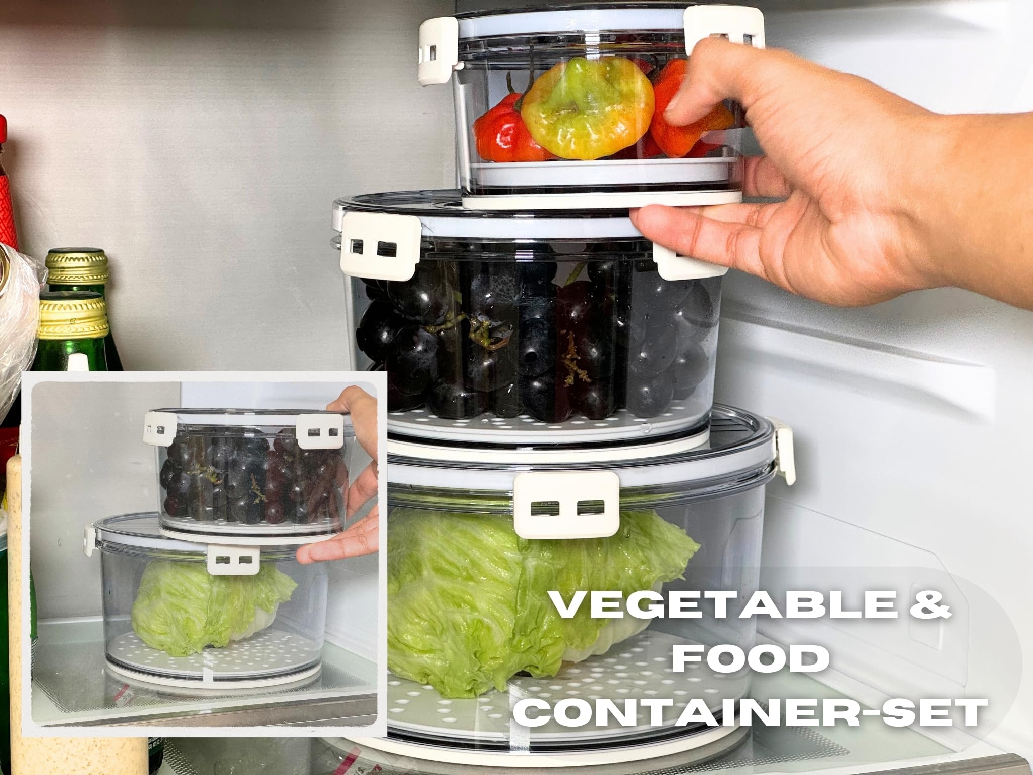 Recipientes de almacenamiento de frutas y verduras para refrigerador con tapas, cronógrafo de fecha, juego de 3 piezas, transparente, hermético, a prueba de fugas, sin BPA, bandeja de