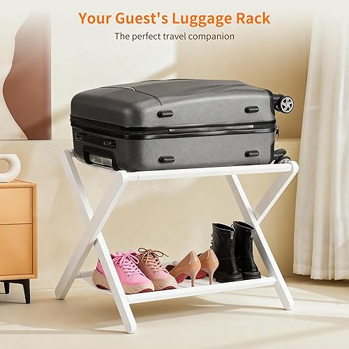 Miniatura 9 de Portaequipajes Heybly, soporte plegable para maletas con estante de almacenamiento, soporte de equipaje resistente para habitación de invitados