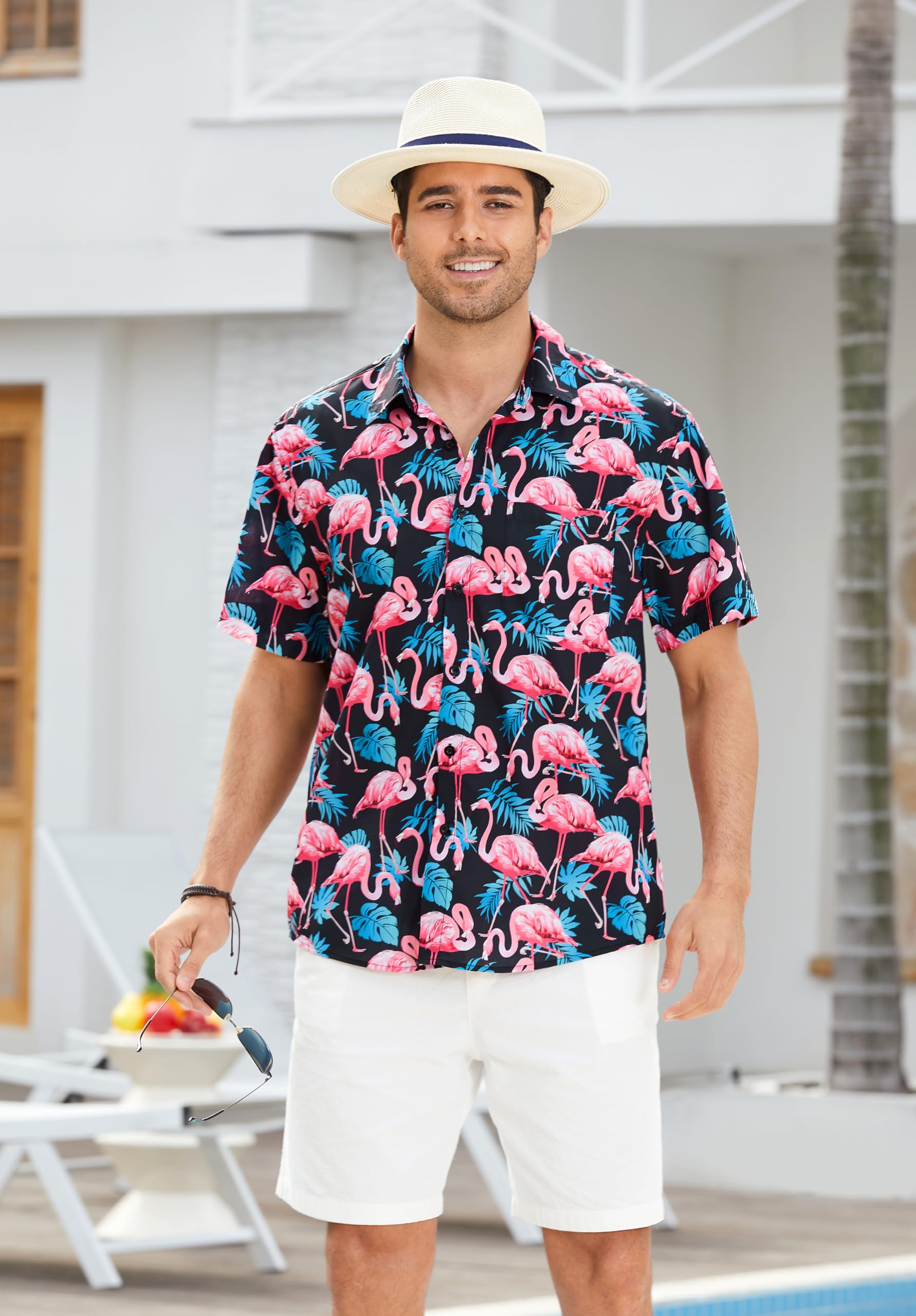 HISDERN Męskie funky hawajskie koszule z krótkim rękawem przednia kieszeń wakacje lato aloha nadruk plaża casual hawajska koszula S-2XL