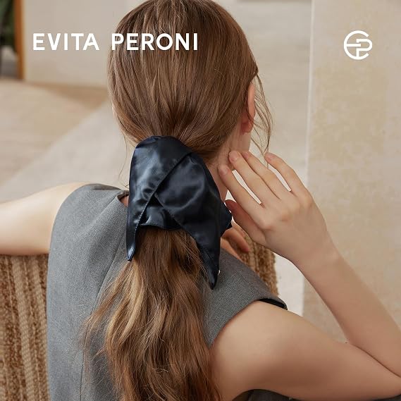 EVITA PERONI Hair Scarf Scrunchie for Women - Oversized Square Satin Hair Tie, Soft Lightweight Comfortable, Versatile for Work Date Night Party & Gift Box Packaging (Navy Blue)