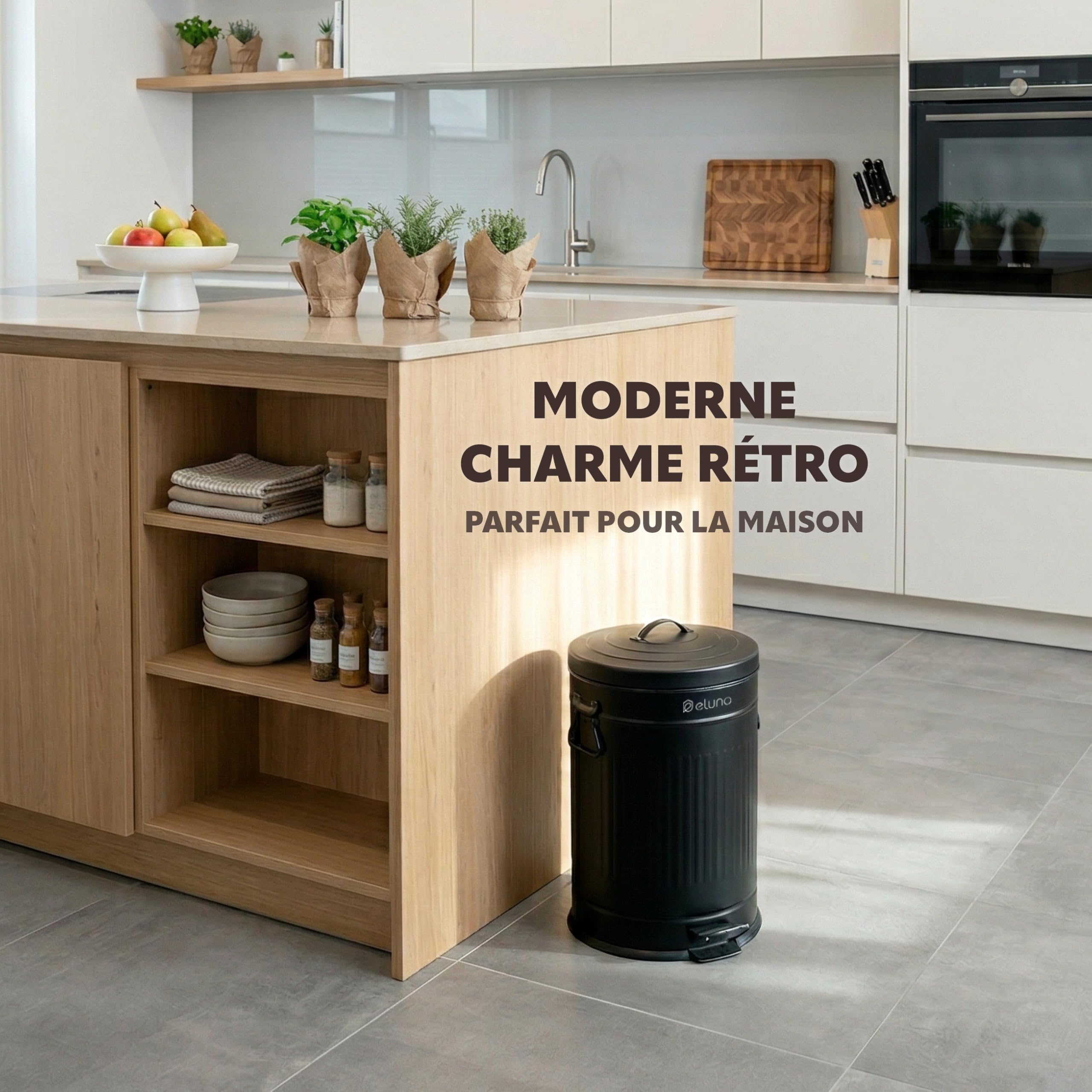 eluno Poubelle de cuisine vintage, à pédale avec seau intérieur amovible, en métal 20 l (noir)