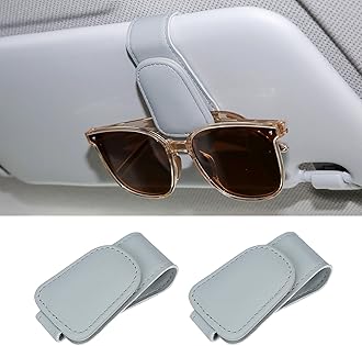 Sunglasses Holders for Car Sun Visor, 2pack Magnetic Leather Glasses Eyeglass Hanger Clip for Car, Ticket Business Card Clip Eyeglasses Mount Car Visor Accessories (Grey)