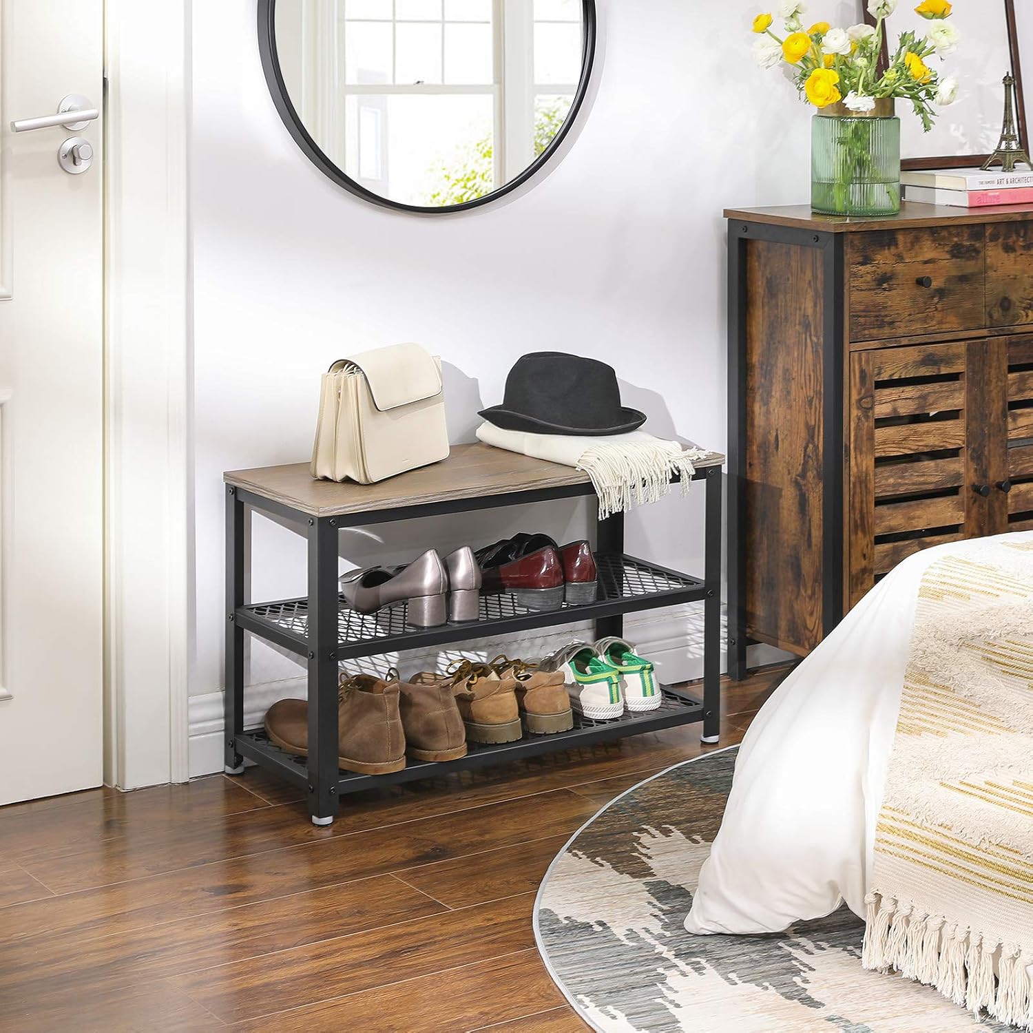 VASAGLE Shoe Bench, 3-Tier Shoe Rack, 28.7 Inches Long Storage Shelves, for Entryway, Living Room, Hallway, Accent Furniture, Steel Frame, Industrial Design, Weathered Sand and Black ULBS73BH