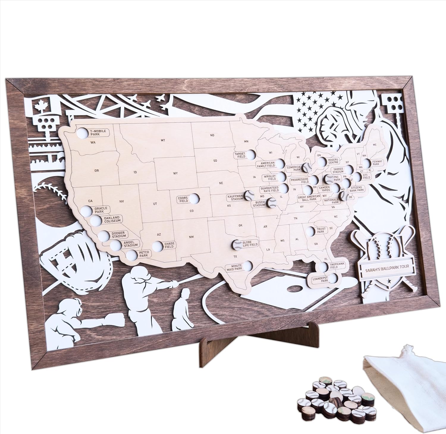 Custom Baseball Stadium Travel Map Tracker, Personal Ballpark Map with Push Pin Inserts, Pro Baseball Stadium Tracker, American Ballpark Board, Baseball Keepsake Bucket List, Baseball Stadiums Sign (With Silhouette)