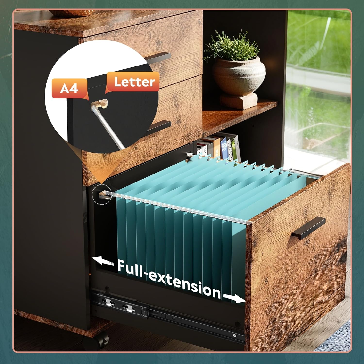 Close-up of the bottom file drawer, fully extended, showing A4 and letter-sized hanging files.