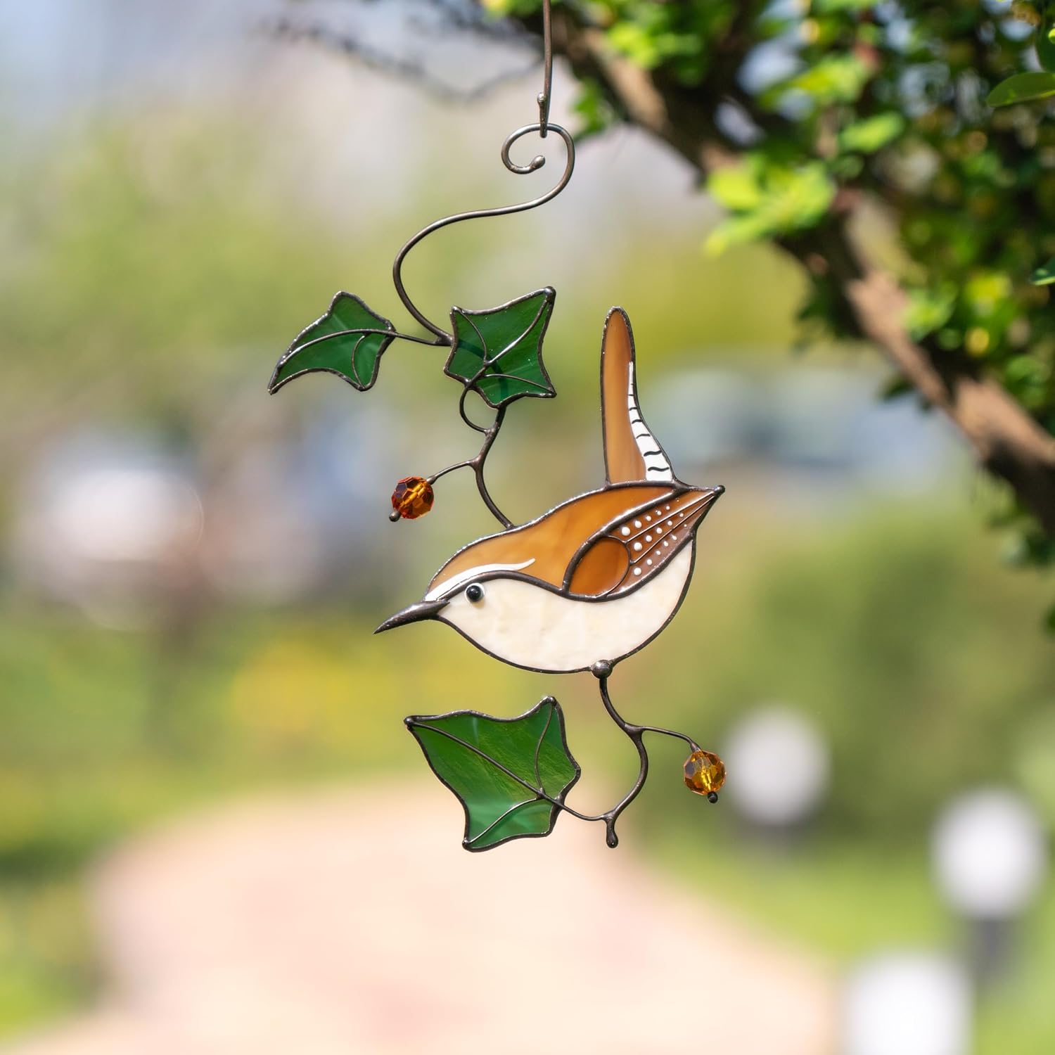 Carolina Wren Handmade Stained Glass Suncatcher Genuine Stained Glass Window Hangings Unique Indoor Ornament & Outdoor Decor (Carolina Wren) (Ivy Carolina)