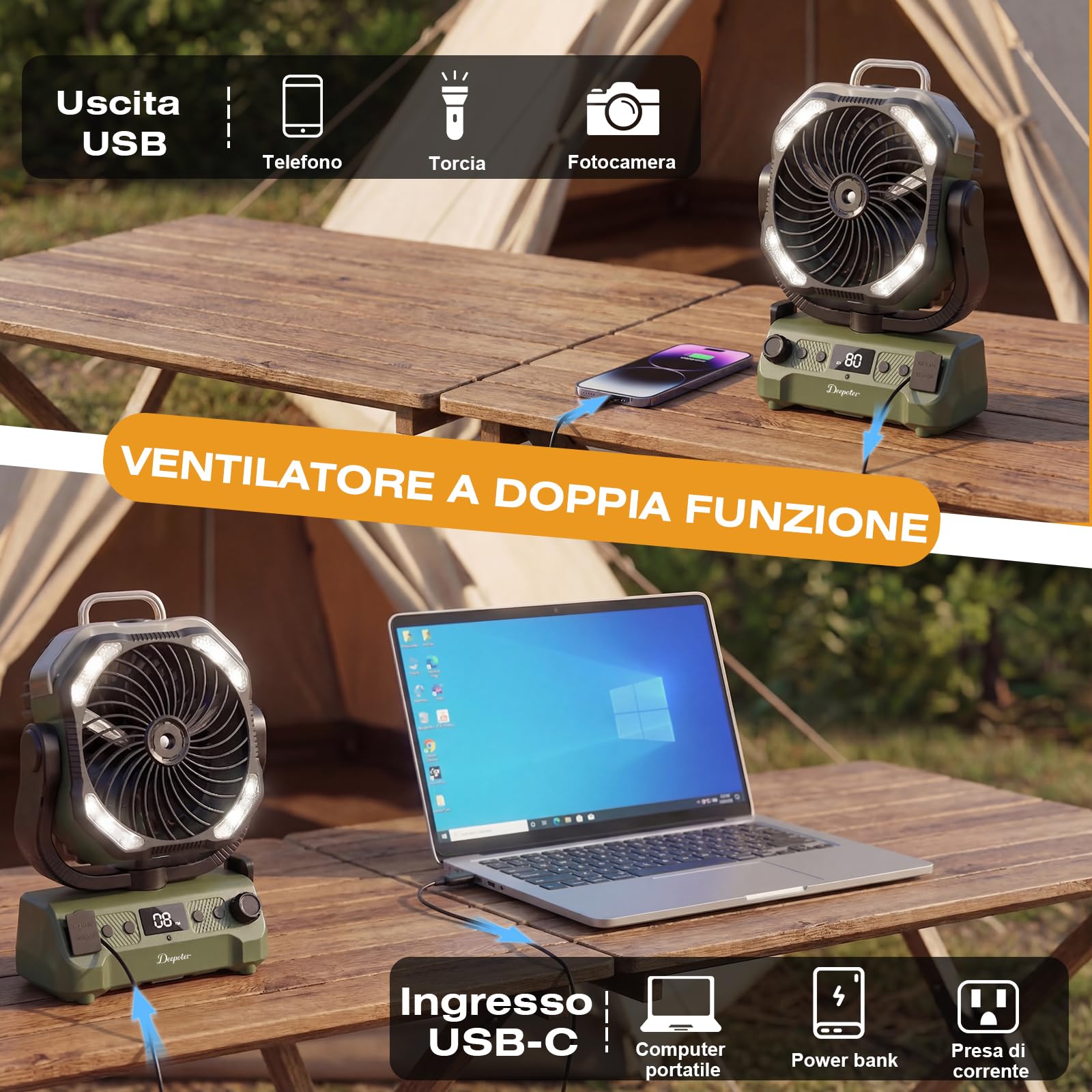 Ventilador Camping Portátil con Nebulizador y Luz LED, ventilador bateria recargable, Temporizador Rotación 270° Gancho para Colgar, Ideal para Camping Viajes Oficina (Verde)