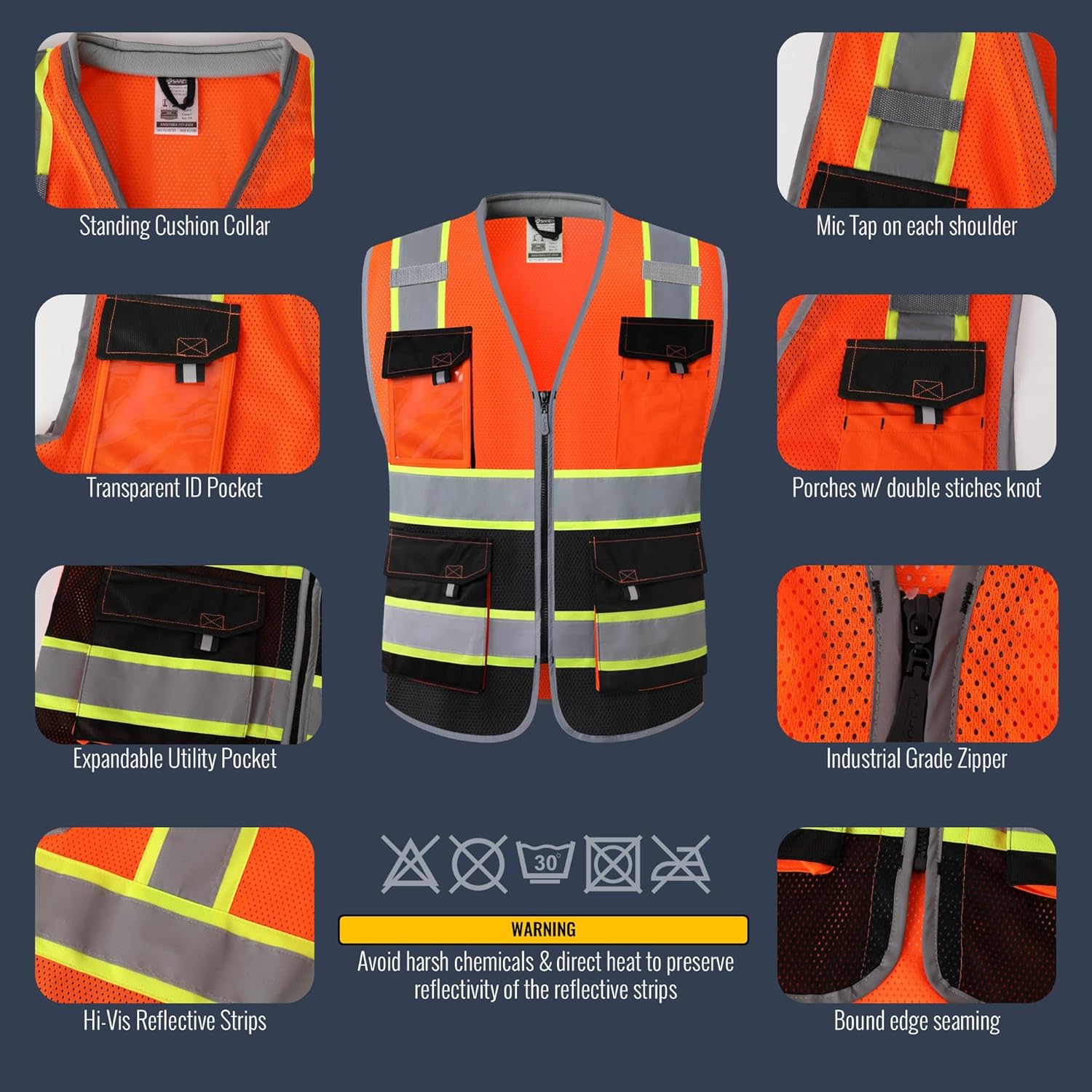 JKSafety Safety Vest for Men Women Hi Vis with Pockets and Cushioned Collar Construction Vest Meet ANSI Standard (BX360) - Image 2