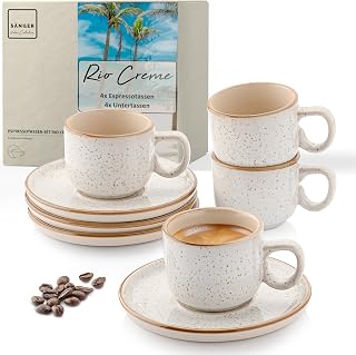SÄNGER Rio Creme | Espressotassen Set 8 teilig, Tassen Set 4 Personen, Espresso- & Mokkatassen, kratz- spülmaschinen- mikrowellenfest, 4xTassen & 4xUntertassen cremefarben 80 ml | VALUE COLLECTION