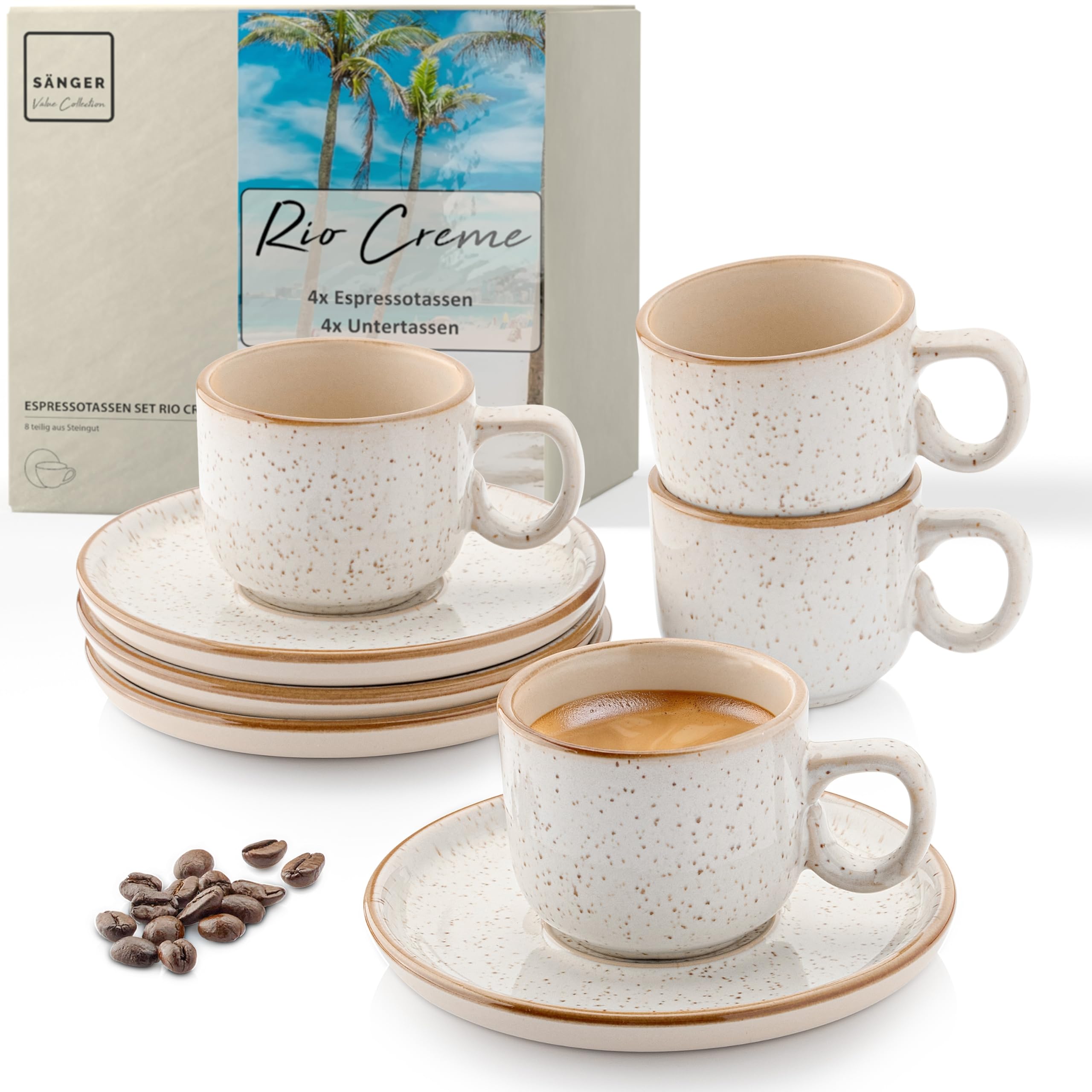 Sänger Rio Creme | Set di 8 tazze da caffè per 4 persone, tazze da caffè e moca, antigraffio, lavabili in lavastoviglie, adatte al microonde, 4 tazze e 4 piattini color crema da 80 ml | Value
