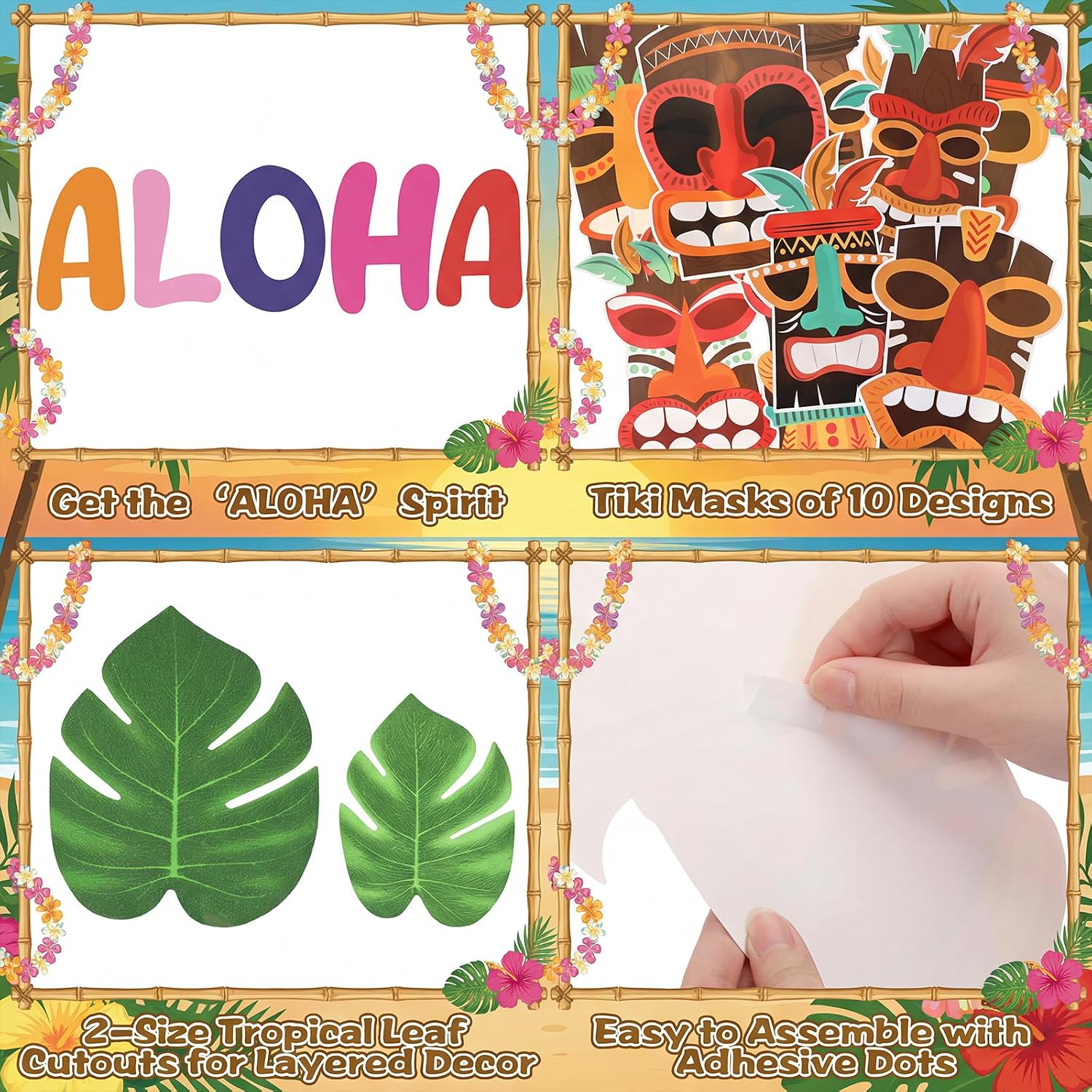Epakh 47 Pcs Hawaiian Luau Party Door Decoration Tiki Totem Cutouts Palm Leaves Tinsel Foil Fringe Streamers Aloha Hanging Decor for Hawaii Luau Tropical Tiki Birthday Decorations Outdoor