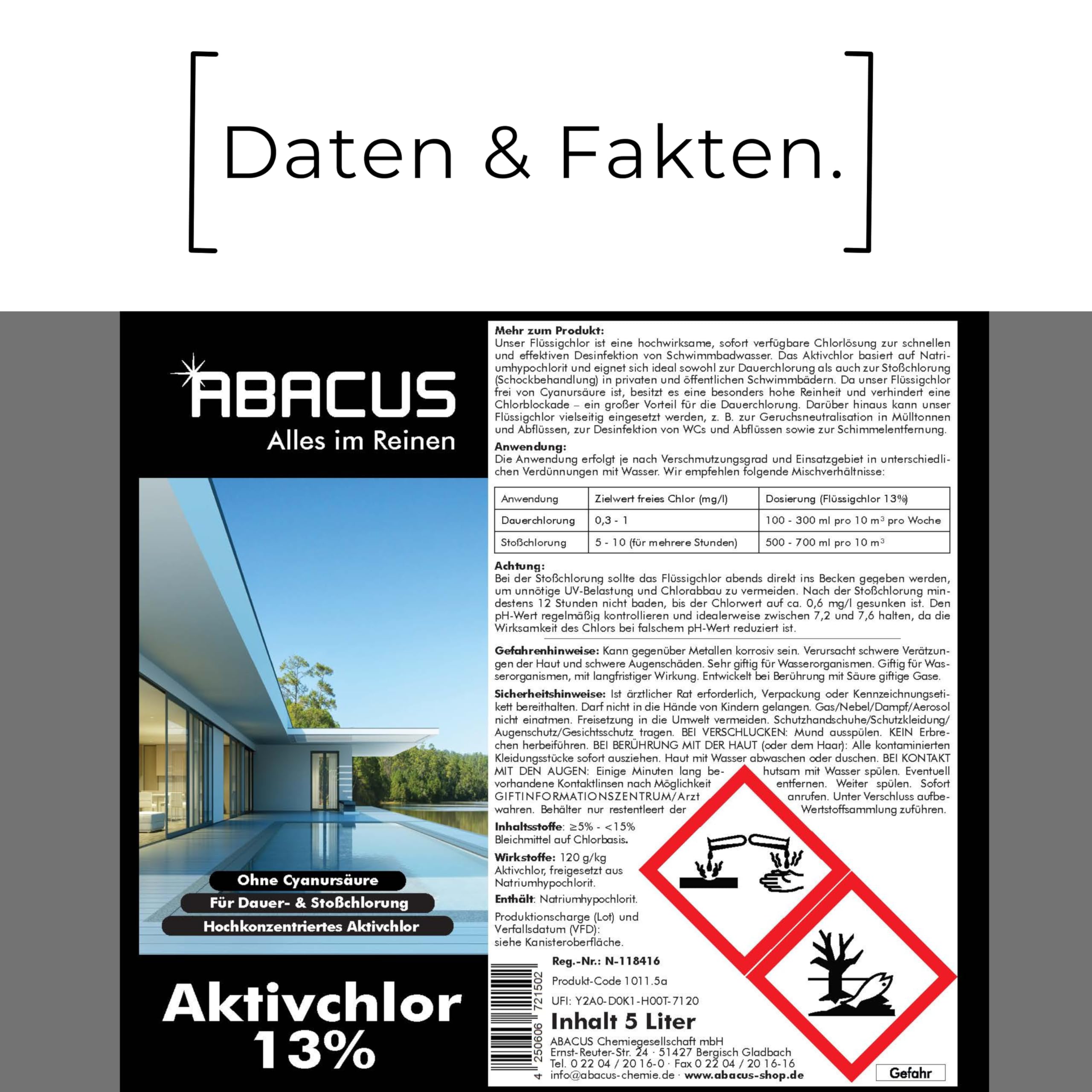 ABACUS® Flüssigchlor 13–15 % | 5L Kanister | Poolchlor zur Desinfektion von Pool & Schwimmbad | Hochwirksames Aktivchlor für klare Wasserqualität | Für Dauerchlorung und Stoßchlorung