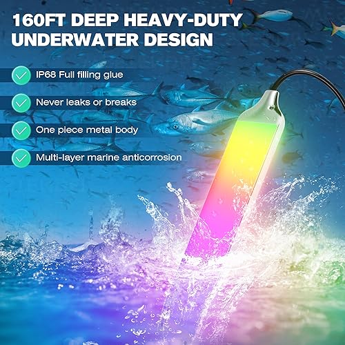 Miniatura 5 de Luz de pesca submarina multicolor, 200 W, 20000 lm, 12 V y 110 V, cable de 50 pies, atractor de peces RGB de 12 pulgadas para agua dulce y salada,