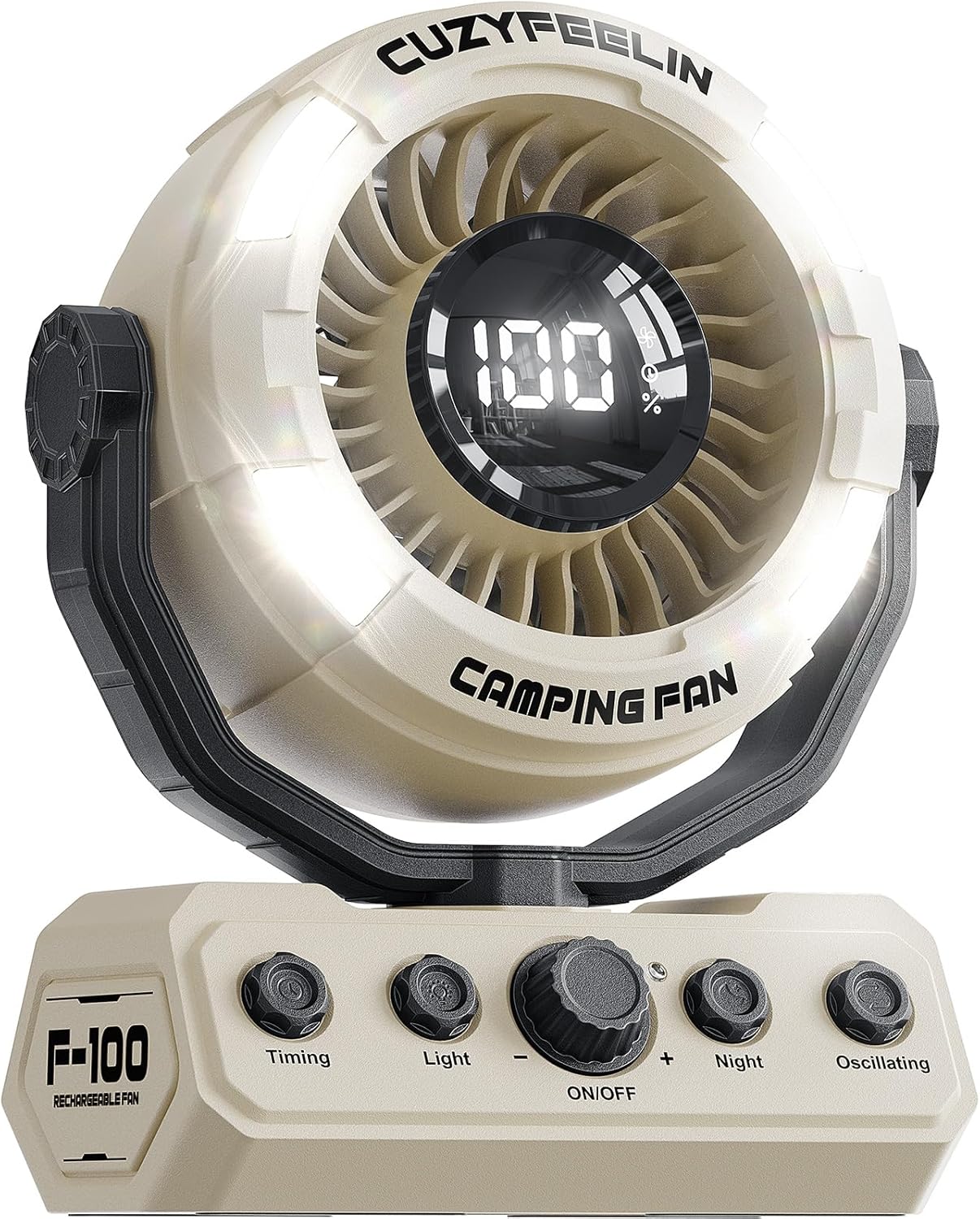 Portable Fan Rechargeable - Versatility Battery Powered Fan with LED Lantern & Hook - Cordless, 15-80H Cooling Time, 100 Speeds, 180° Oscillation - for Camping, Tent, Travel, Home