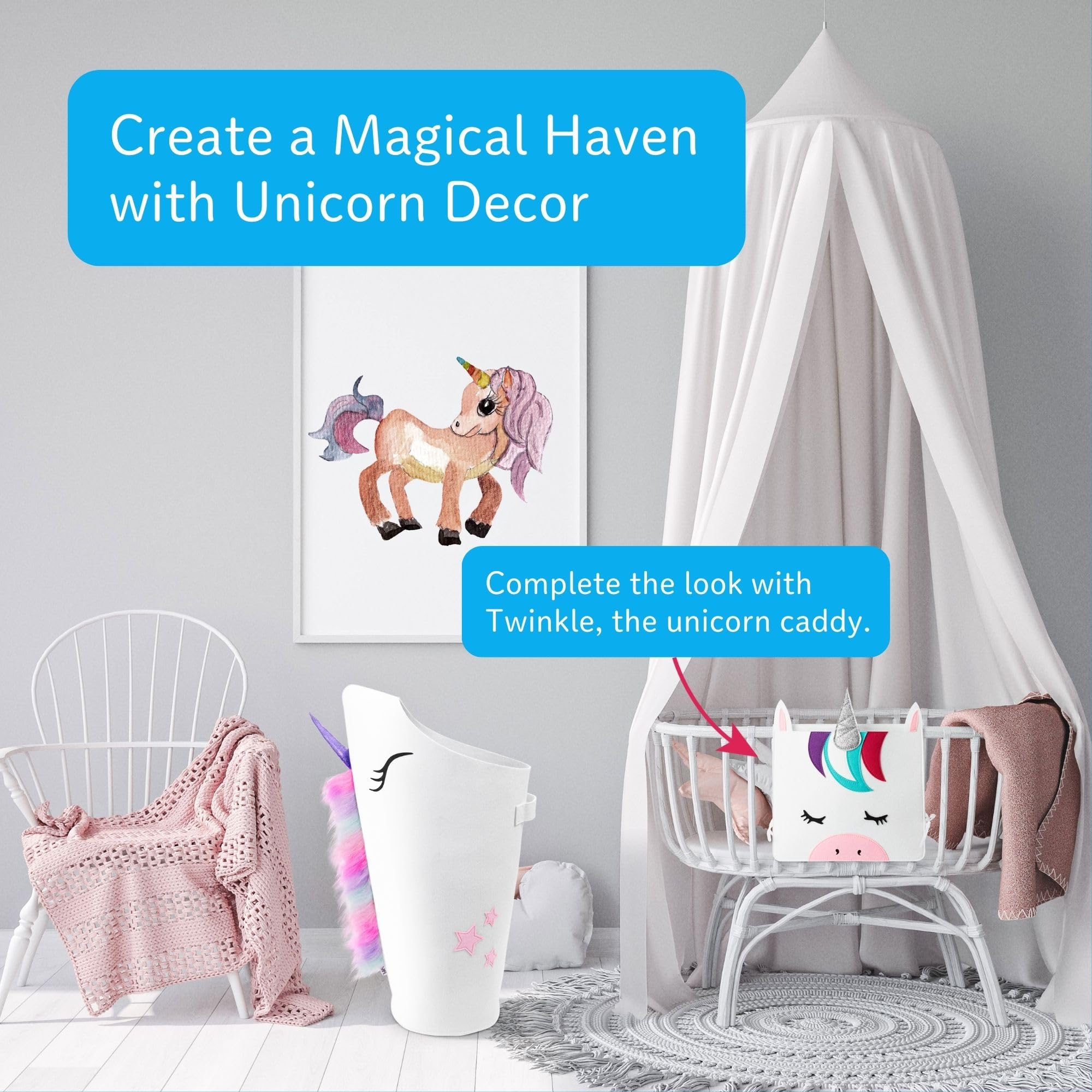 PIKL Unicorn Hamper Bedside Caddy set Patented design Quality Girls Laundry Hamper with Carry Handle and hanging storage organizer bed pocket unicorn decor Ideal gift for girls kids laundry basket