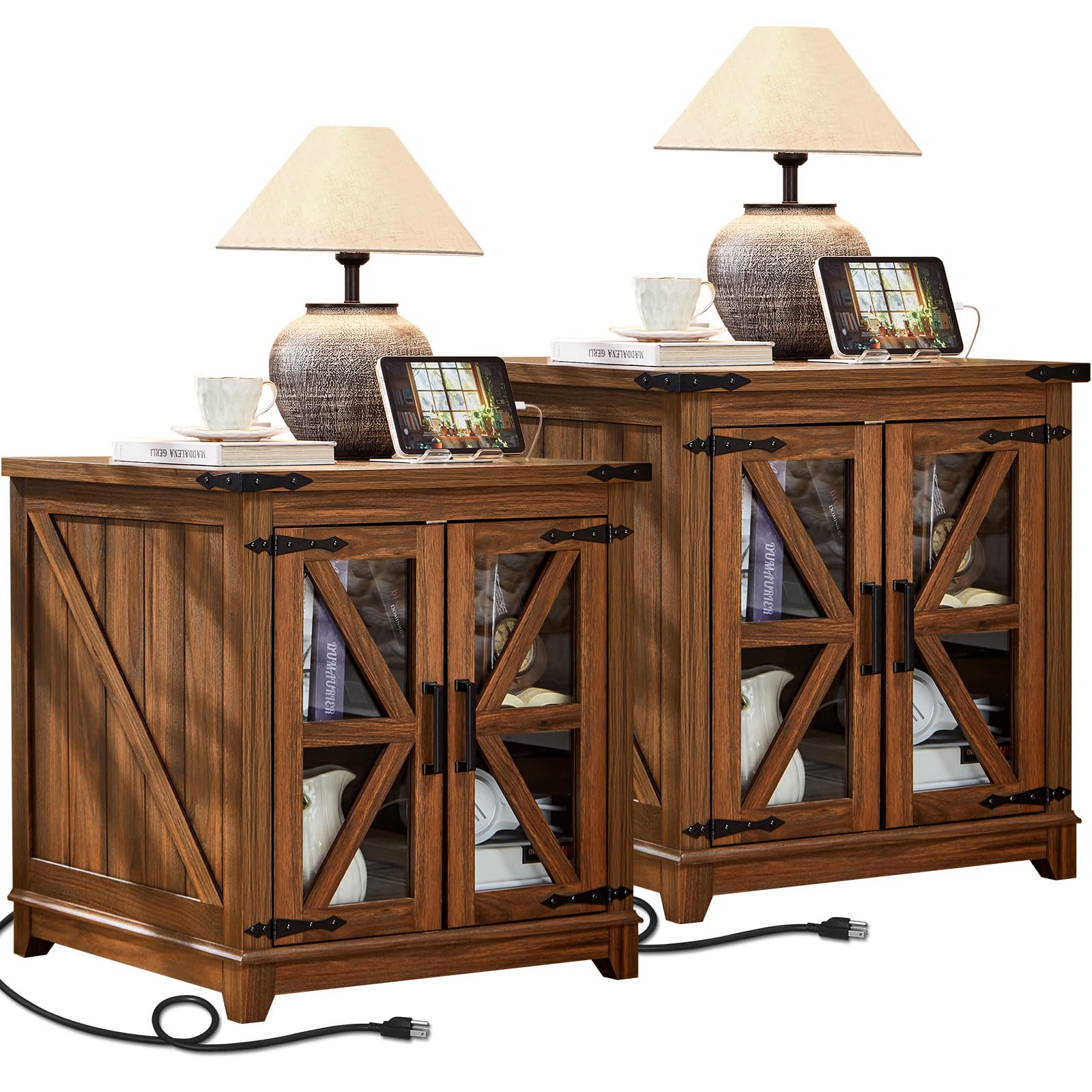 Farmhouse End Table Set of 2,24" Large Sofa Side Table with Charging Station Glass Barn Door,Wood Nightstand with Adjustable Storage Shelf,Square