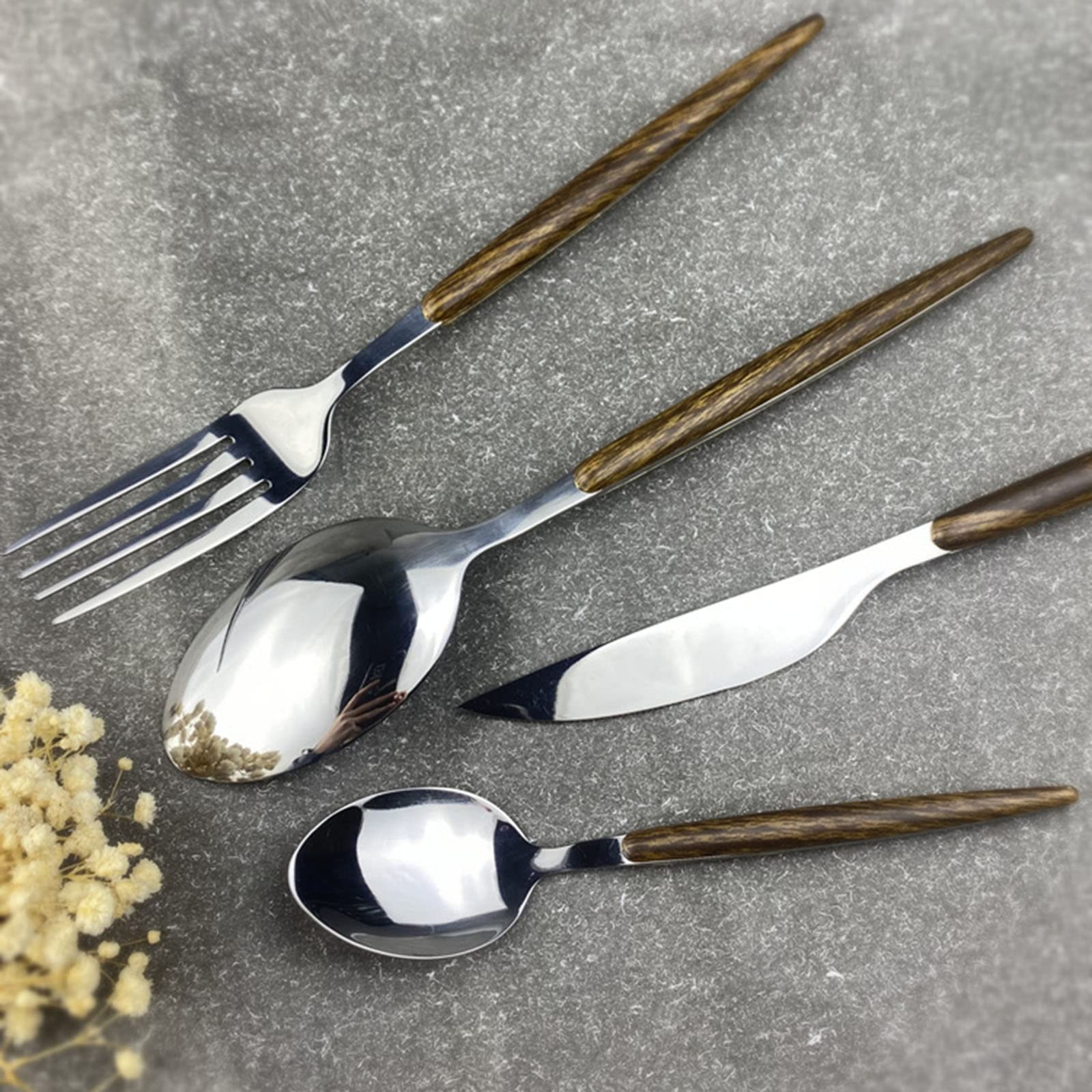 Besteckset Edelstahl mit Organizer-Tasche Reise Camping Besteck Geschirr Geschirr Set für Picknick Schule Messer Gabel Löffel Set mit Holzgriff (9 Sets mit 36 ​​Teilen)